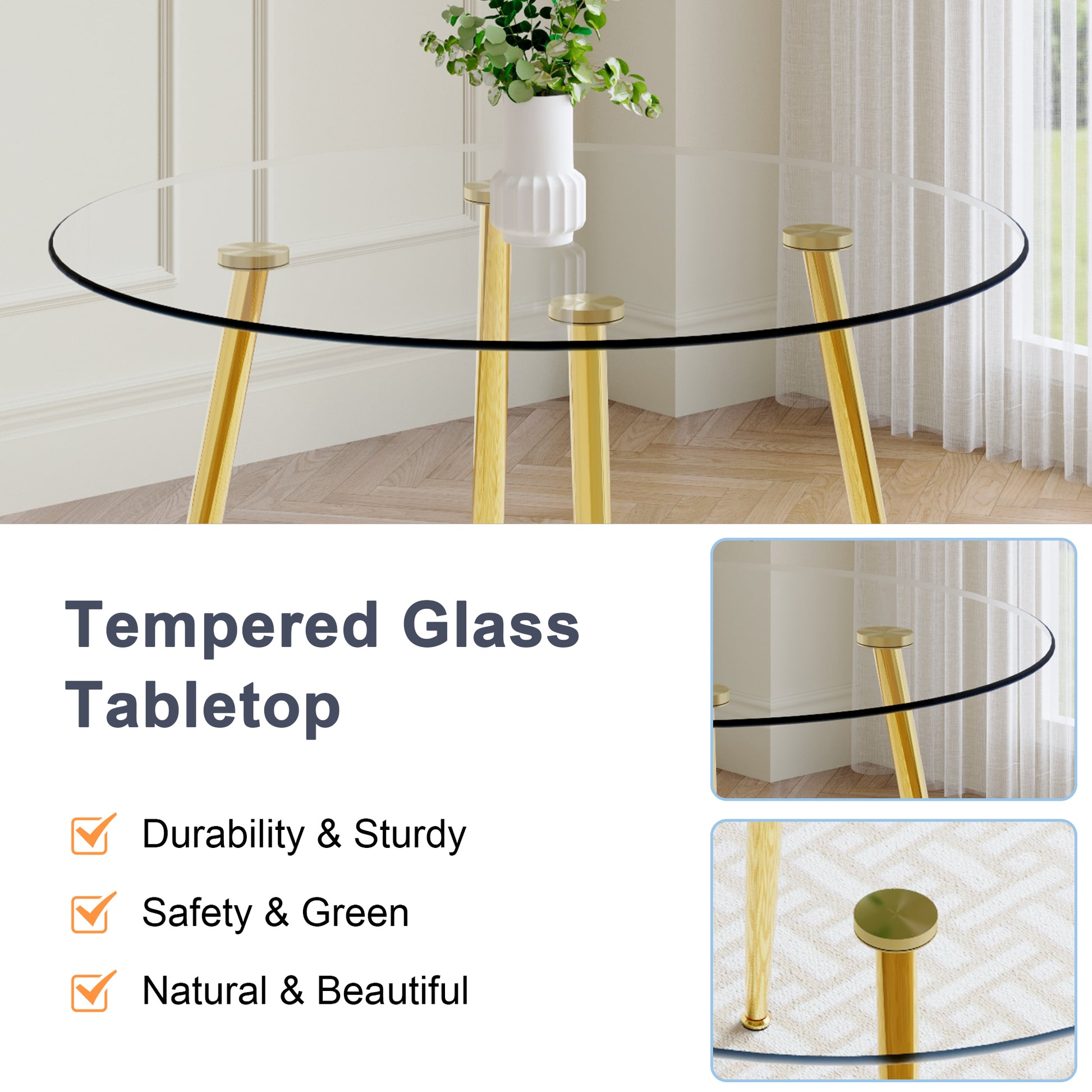 A Modern Minimalist Style Round Transparent Tempered Glass Table With Gold Metal Legs, Paired With 4 Modern Pu Leather High Back Dining Chairs Bring A Luxurious Experience. White Seats 4 Glass Metal