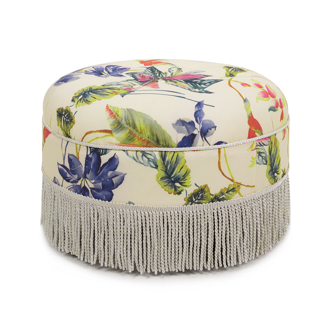 Yolanda 24" Round Upholstered Accent Ottoman, Beige & Tropical Floral With Ivory Trim Beige Foam Fabric