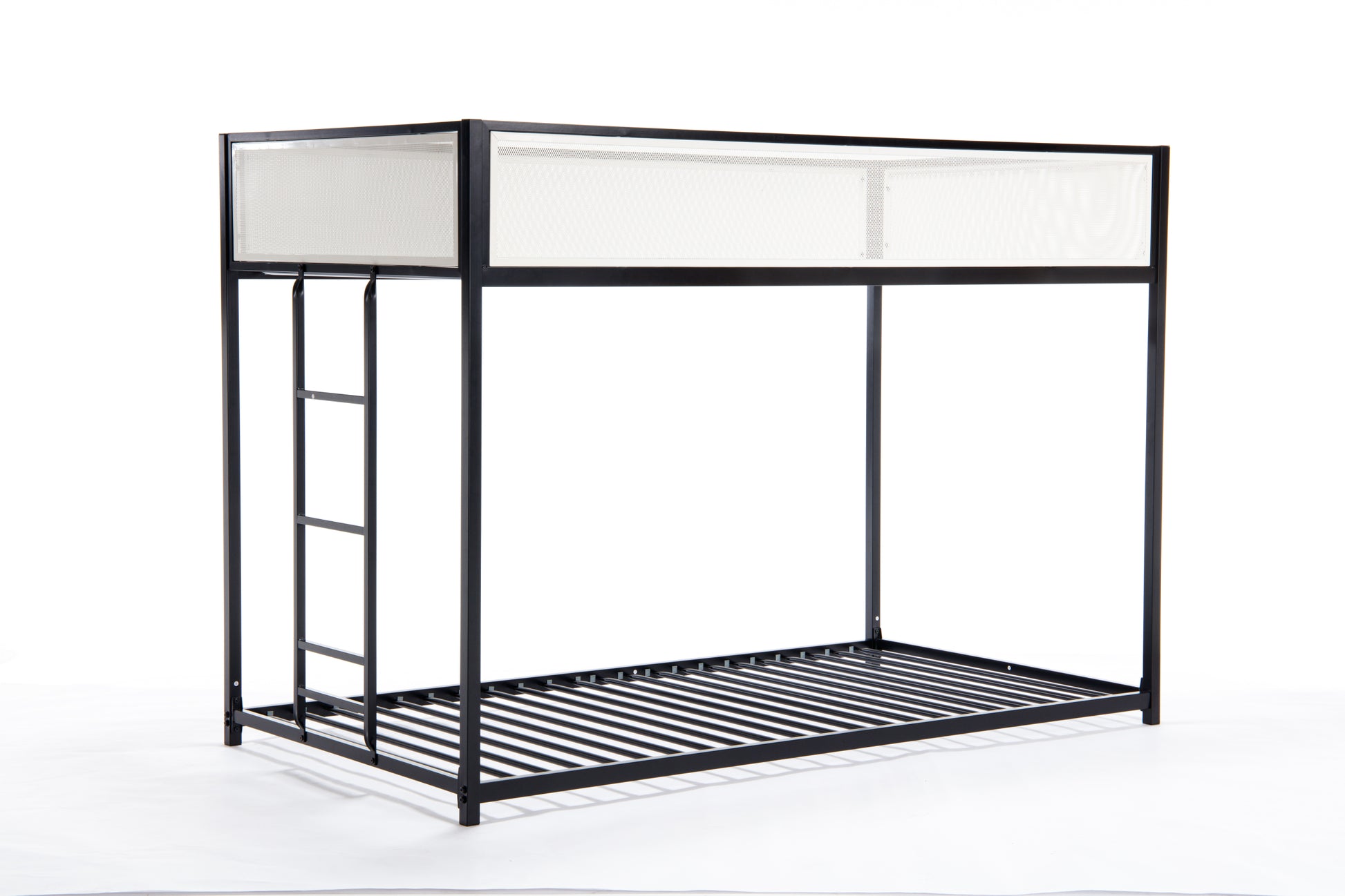 Adam Twin Twin Bunk Black With White Mesh Guard Rail Box Spring Not Required Twin Black Metal Bedroom Bunk Metal