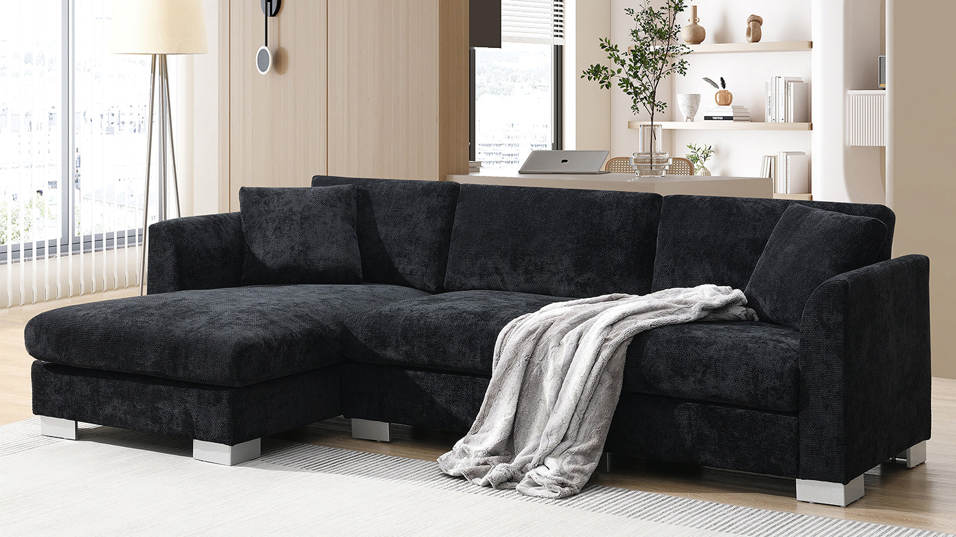 96*56" Modern Cloud Sectional Sofa,L Shaped Luxury Couch Set With 2 Free Pillows,4 Seat Chenille Indoor Furniture With Oversized Chaise For Living Room,Apartment,Office,3 Colors Black Chenille 4