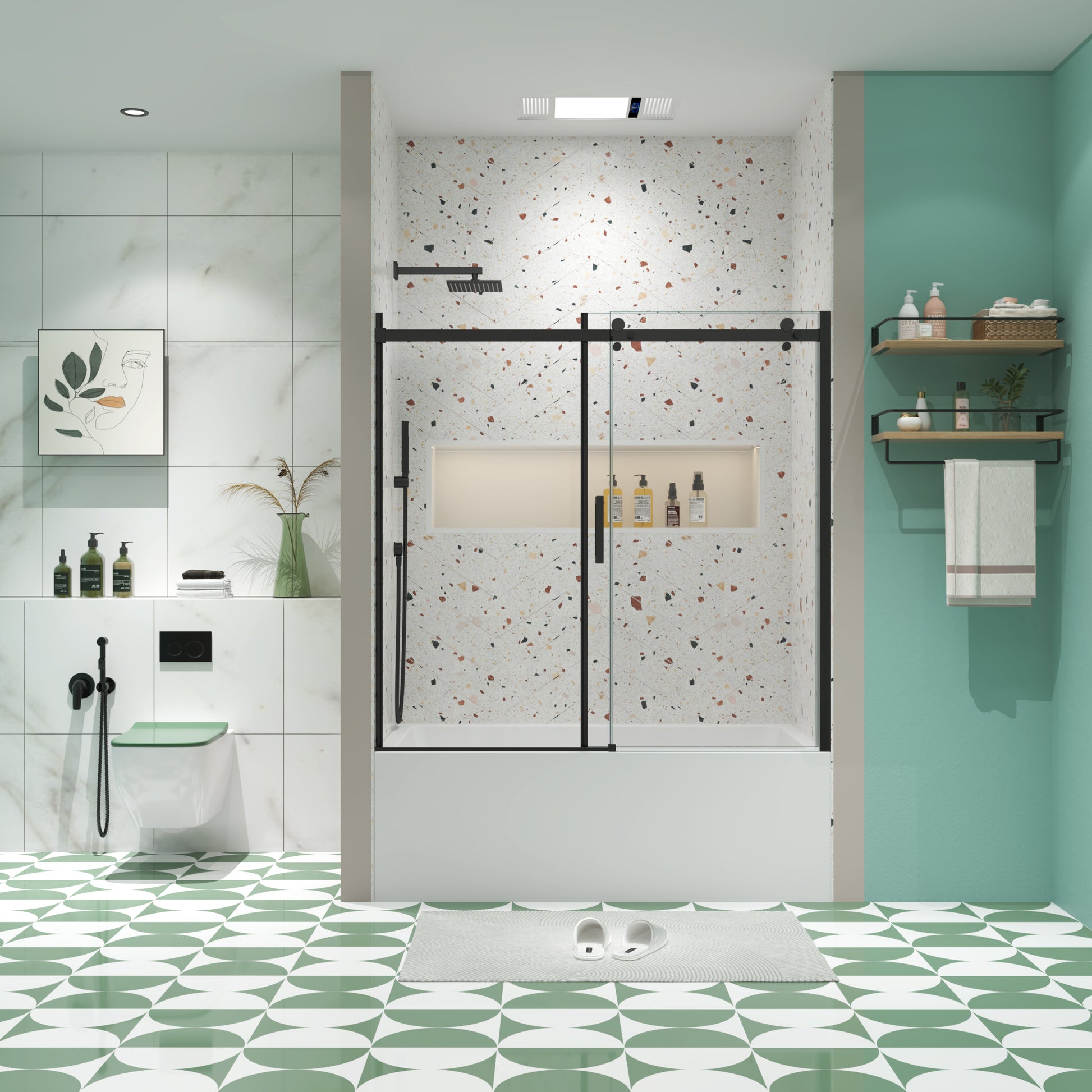 Bathtub Shower Door, Sliding Door, With 5 16" Tempered Glass And Matted Black Finish 6058 Matte Black Aluminium Alloy