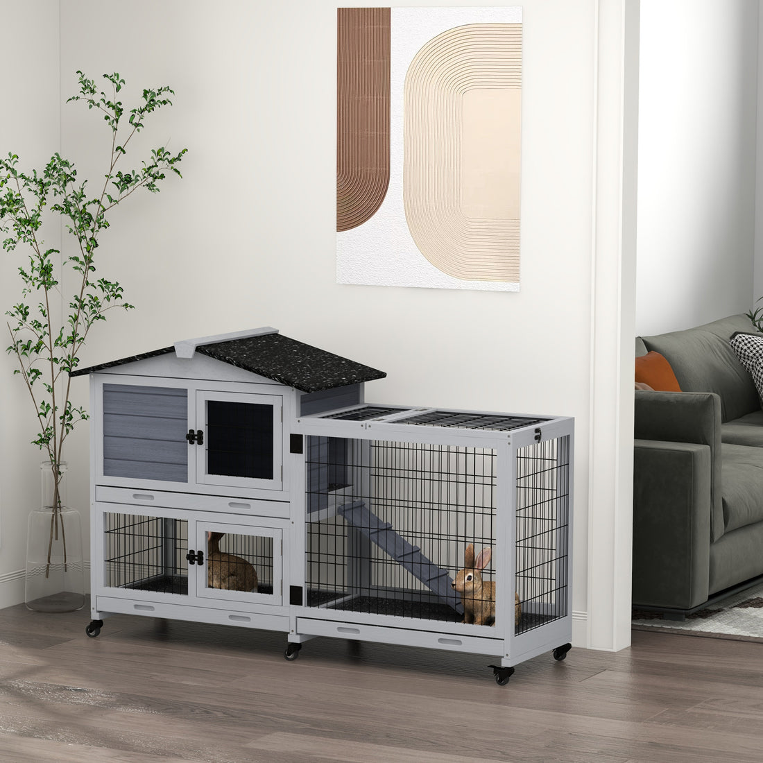 Pawhut Rabbit Hutch 2 Story Bunny Cage Small Animal House With Slide Out Tray, Wheels, For Indoor Outdoor, 59.8" X 20.9" X 39.2", Gray Grey Wood