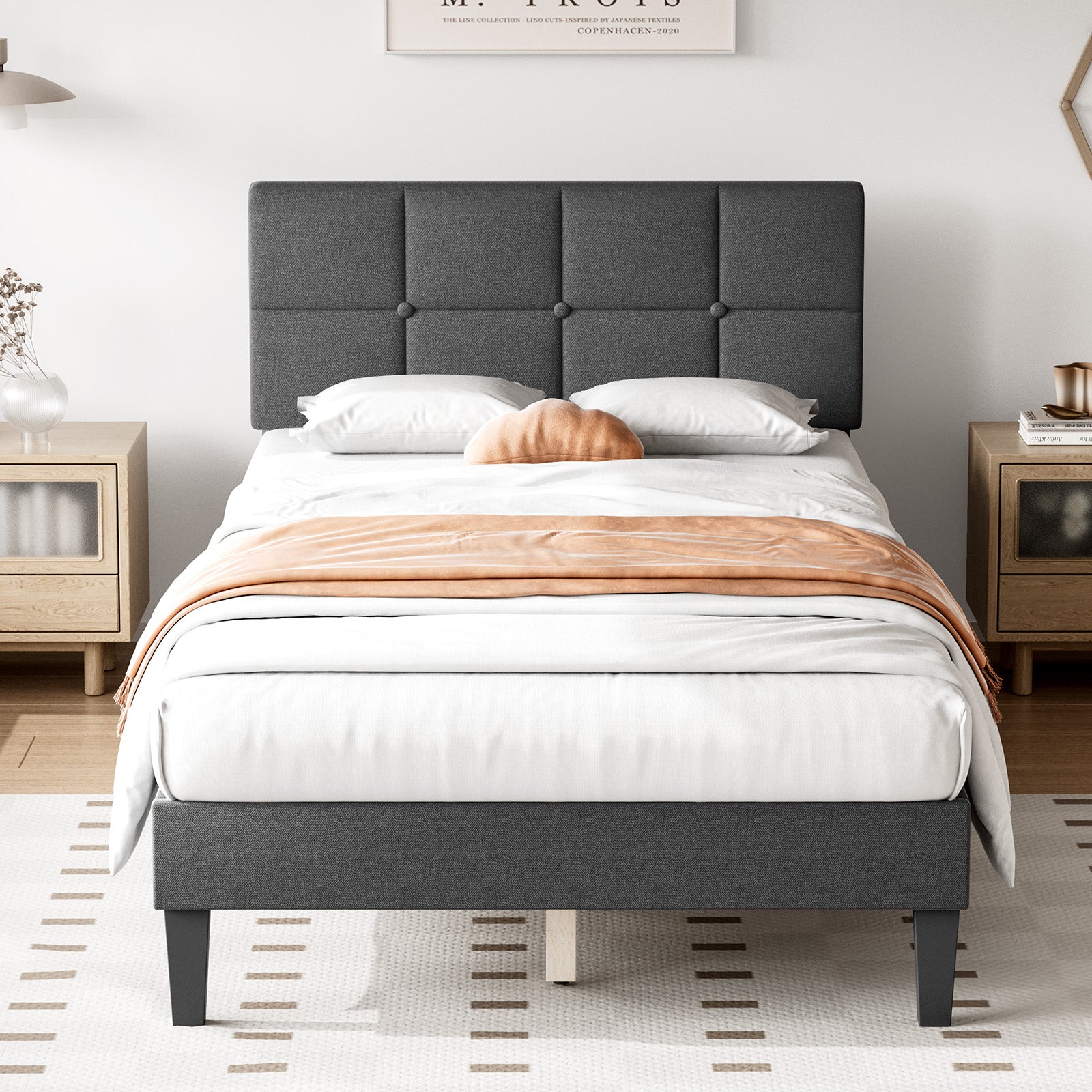 Queen Size Bed Frame Linen Upholstered Platform Bed With Headboard, No Box Spring Needed With 800Lbs Solid Wooden Slats Support, No Noise, Easy Assembly, Dark Grey Dark Grey Metal & Wood