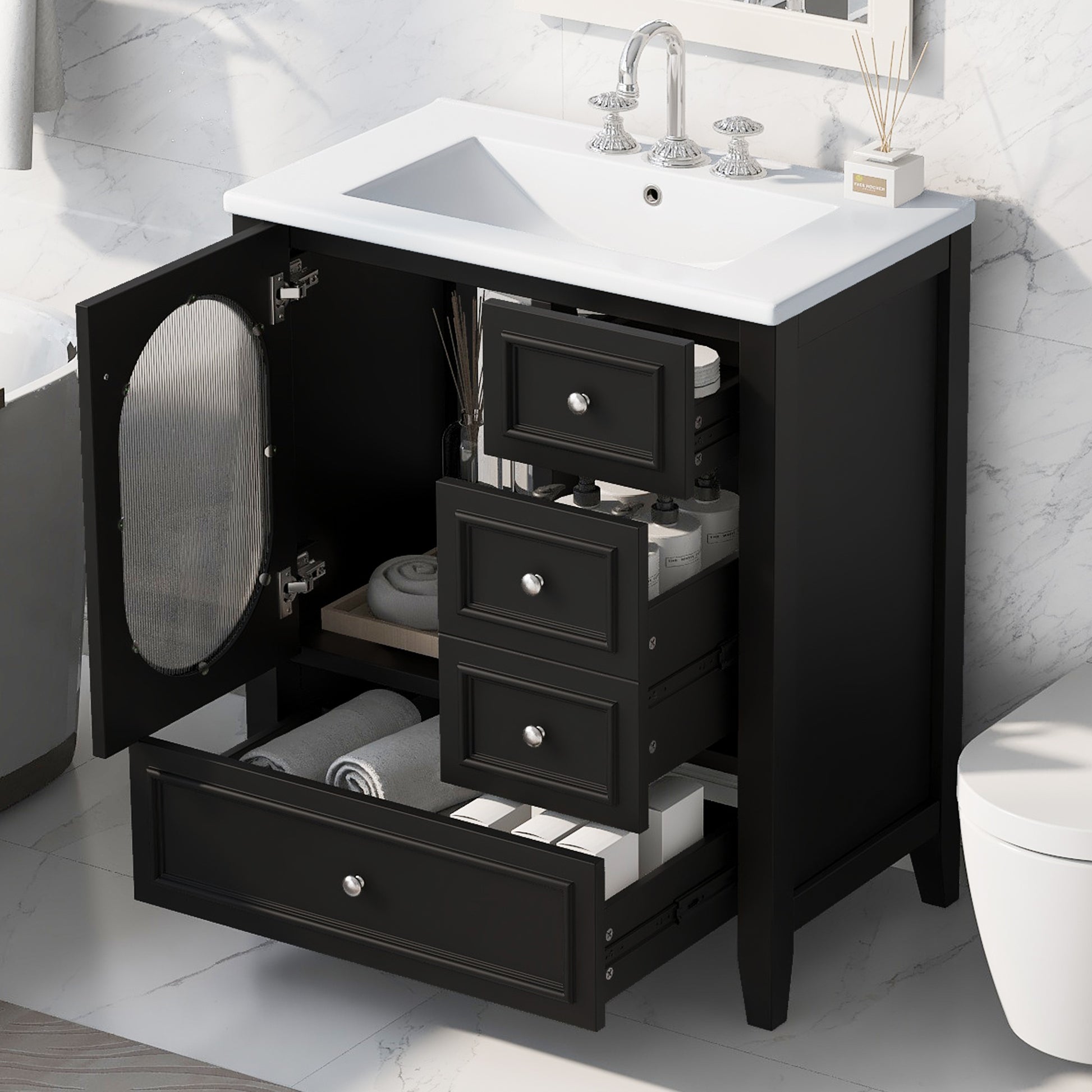 30" Bathroom Vanity With Sink, Bathroom Vanity Cabinet With Three Drawers And Door, Solid Wood And Mdf, Black Black Solid Wood Mdf