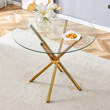 Round Clear Glass Dining Table With A Unique Shape For 4 6 People, With Ring Shaped Gathered Gold Metal Legs, Suitable For Desks, Kitchens, Terraces, Dining Rooms. Gold Glass Metal