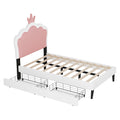 Twin Size Upholstered Princess Bed With Crown Headboard And 2 Drawers,Twin Size Platform Bed With Headboard And Footboard, Pink White Twin White Pu