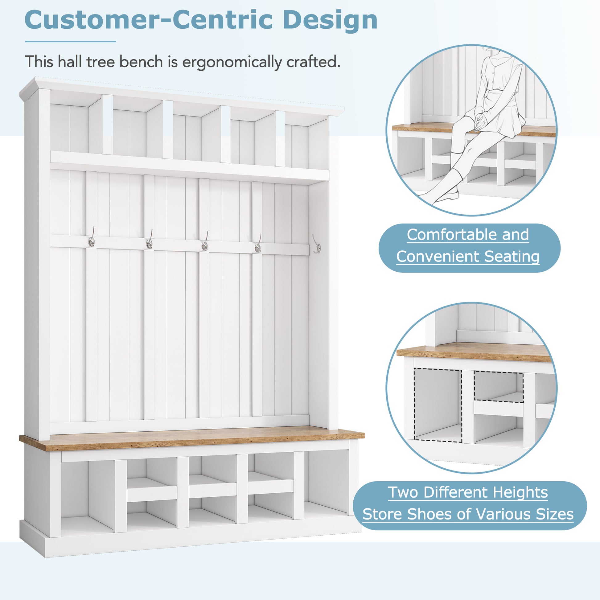 Farmhouse Wooden Style 78''H Modern Hall Tree With Wide Storage Seating Bench, Entryway Shoe Cabinet With 13 Compartments, Elegant Coat Rack With 6 Hooks For Mudroom, Living Room, White White Primary Living Space Particle Board