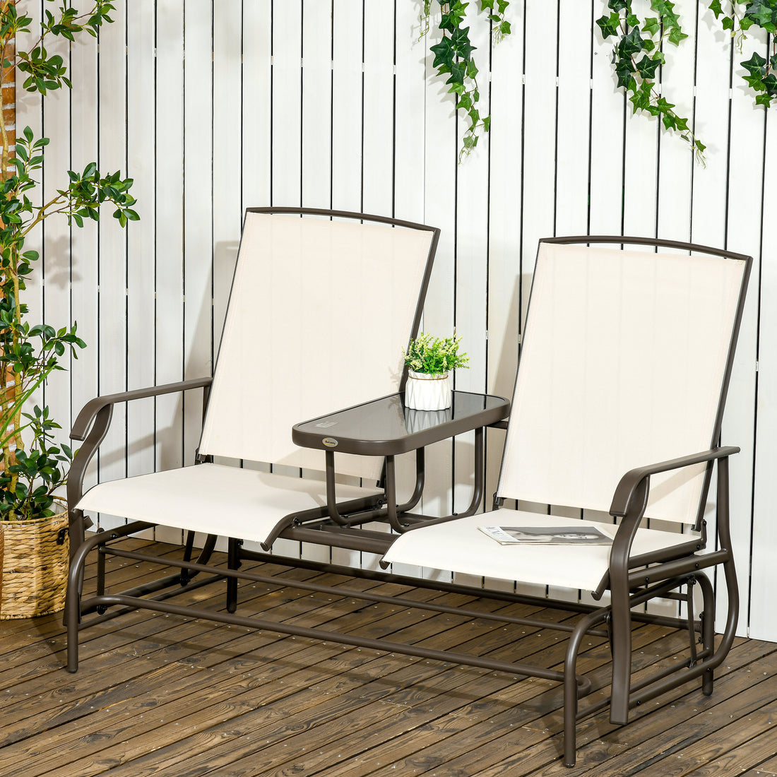 Outsunny Outdoor Glider Bench With Center Table, Metal Frame Patio Loveseat Withmesh Fabric And Armrests For Backyard Garden Porch, Beige Beige Steel