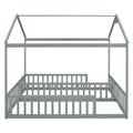 Double Twin House Style Floor Bed With Fence, Guardrails, Without Door, Grey Twin Grey American Design Pine