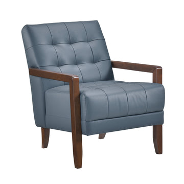 Modern Style Accent Chair Blue Leather Upholstered Tufted Detail Walnut Finish Wood Furniture 1Pc Blue Primary Living Space Contemporary,Modern Plywood