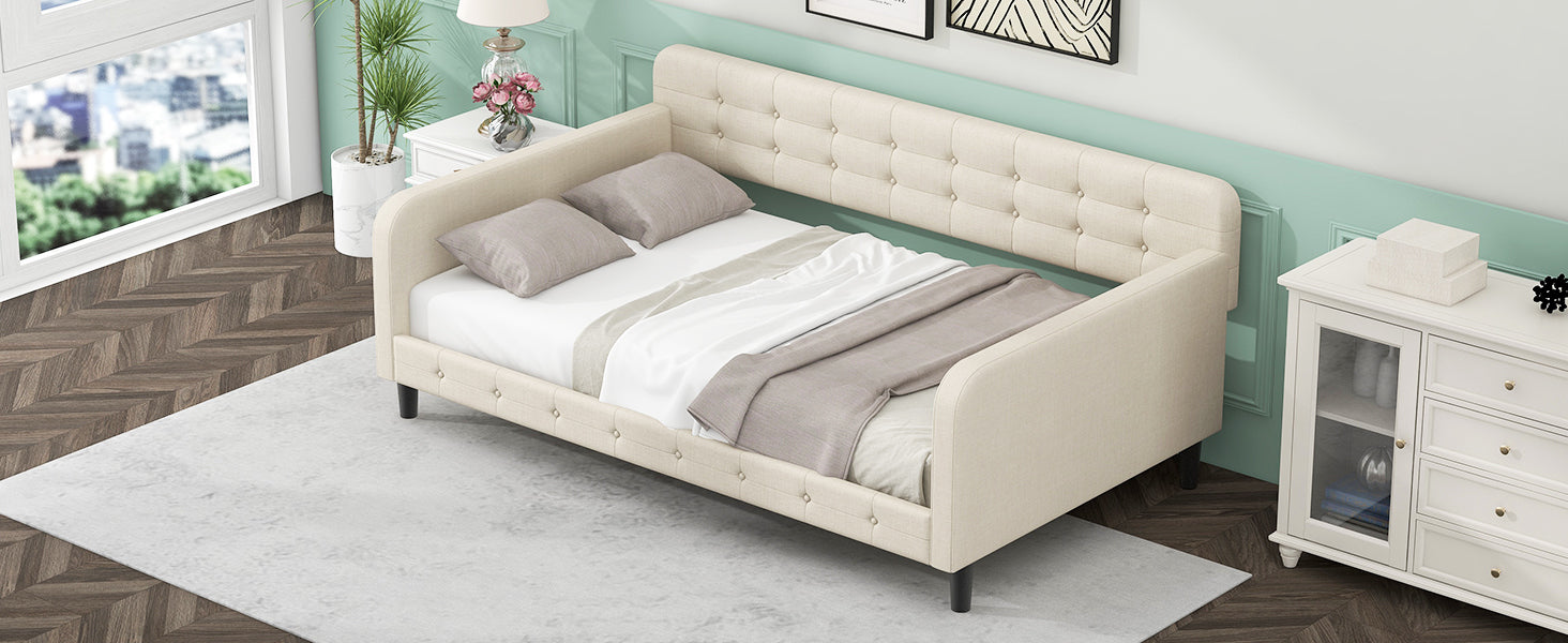 Twin Size Upholstered Tufted Daybed With 4 Support Legs, Beige Box Spring Not Required Twin Beige Wood Bedroom Daybeds Linen Upholstered