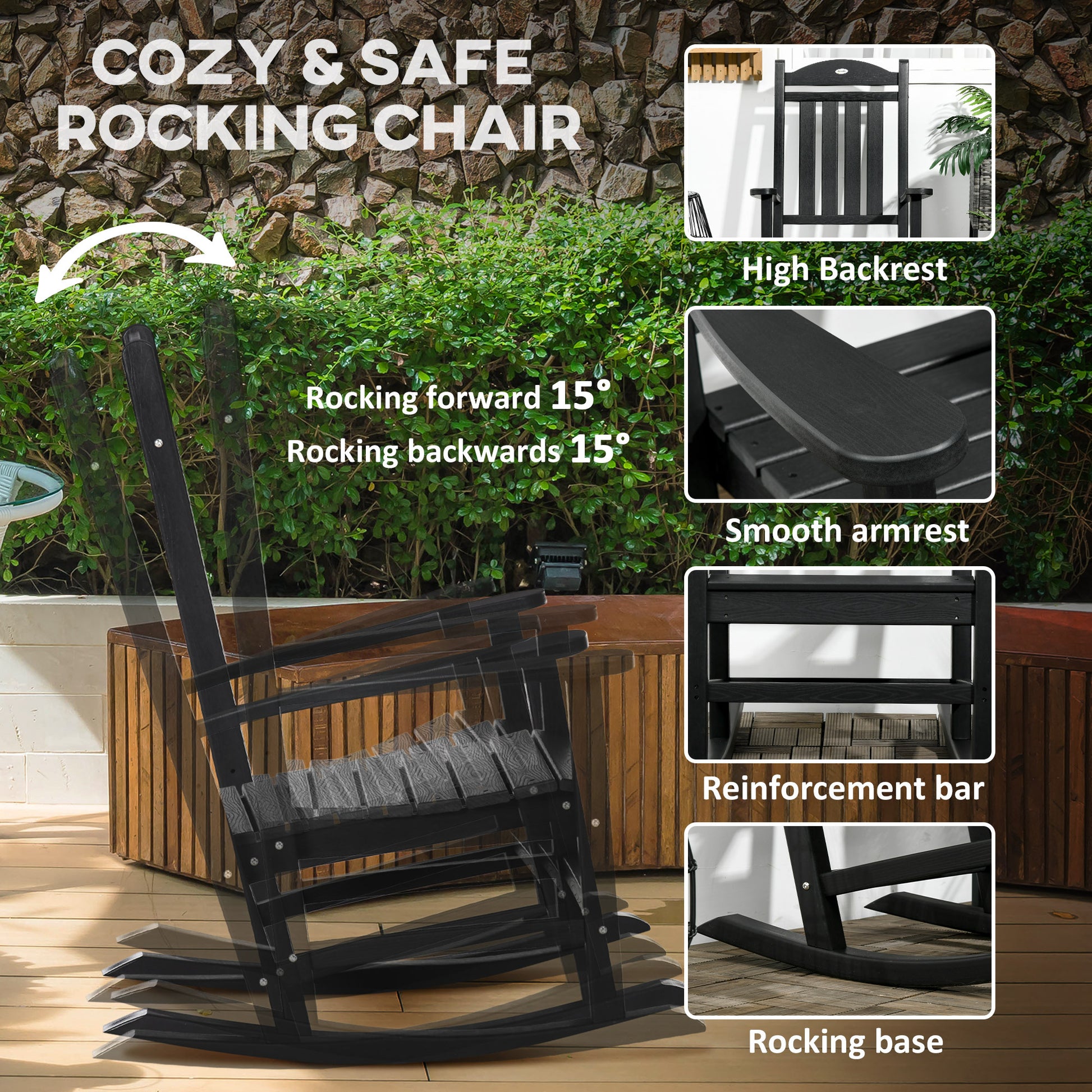 Outsunny Outdoor Rocking Chair, All Weather Resistant Hdpe Rocking Patio Chairs With Rustic High Back, Armrests, Oversized Seat And Slatted Backrest, 350Lbs Weight Capacity, Black Black Plastic