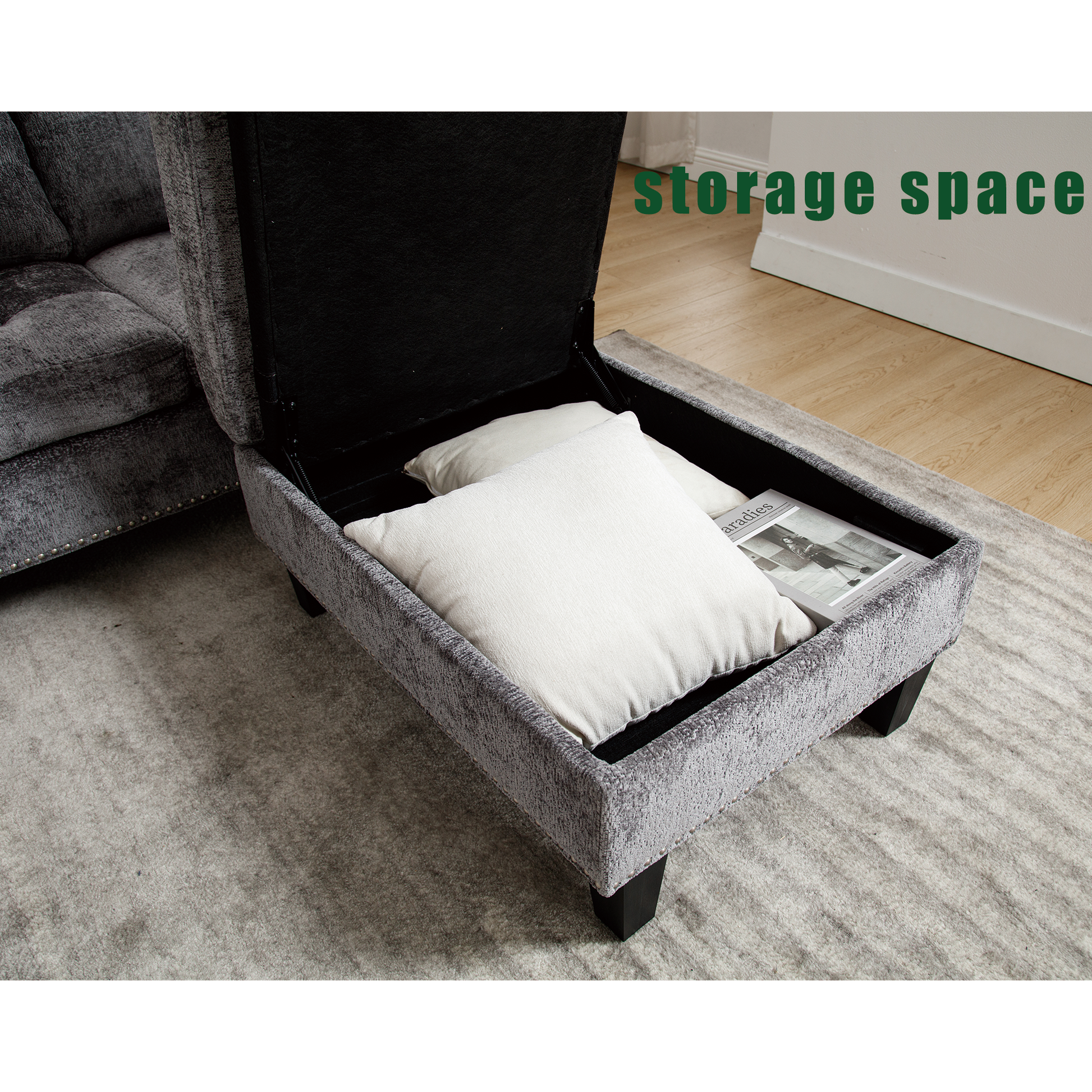 Arrived 5 Seat Modular Sofa,With Storage Ottoman, Convertible Sectional Sofa, L Shaped Couchreversible Chaise ,Riveted Sofa,Chenille, Gray Gray Polyester Wood Primary Living Space Medium Soft Cushion Back Modern Square Arms Foam Metal & Wood 5 Seat