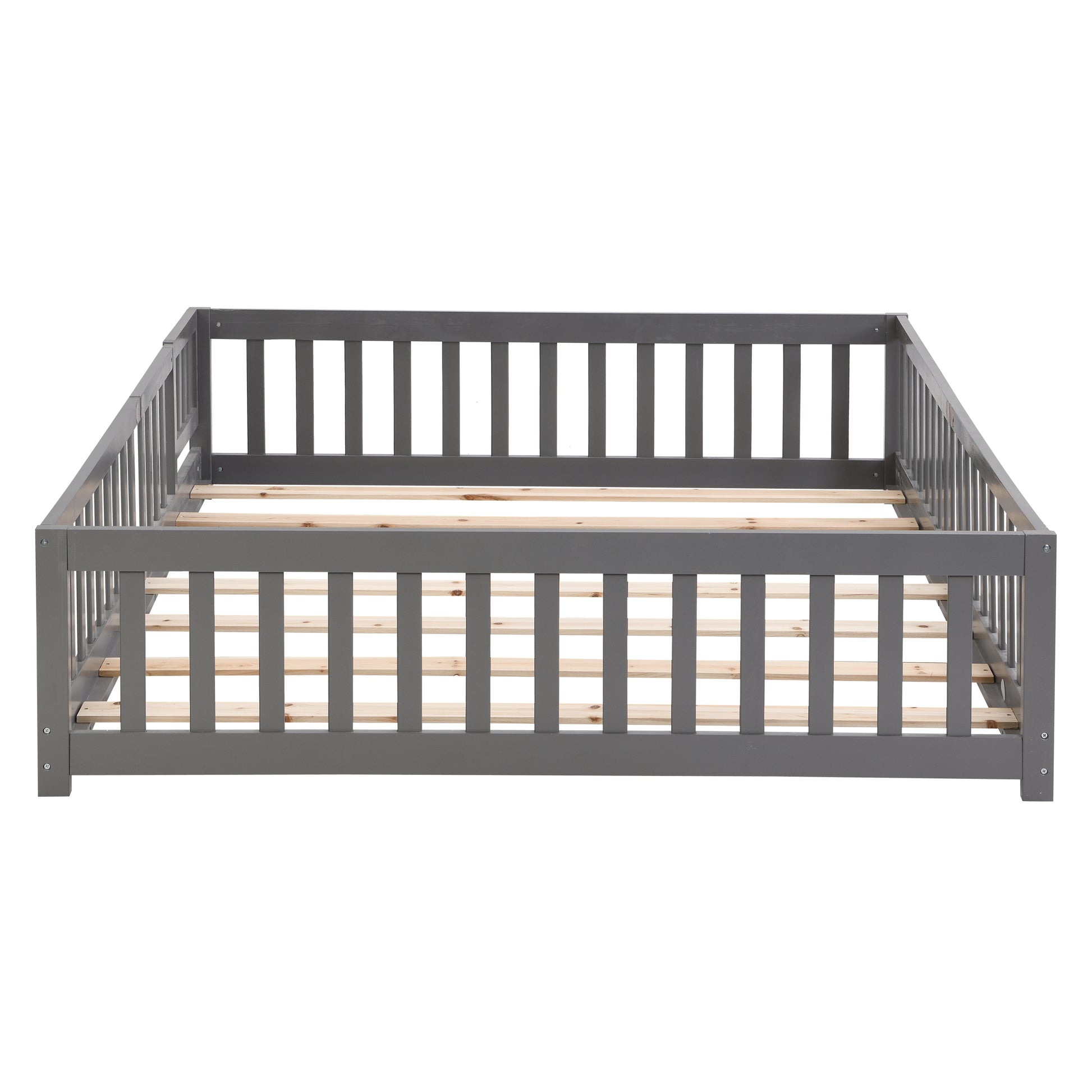 Queen Size Floor Bed With Door,Solid Wood Platform Bed Frame With Fence,Suitable For Children,Pine Wood,Gray Queen Gray Wood