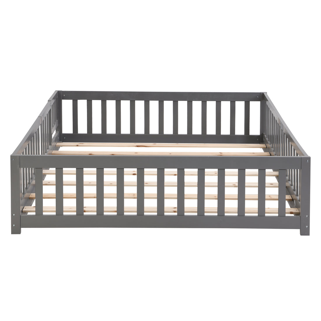 Twin Size Floor Bed With Door,Solid Wood Platform Bed Frame With Fence,Suitable For Children,Pine Wood,Gray Twin Gray Wood