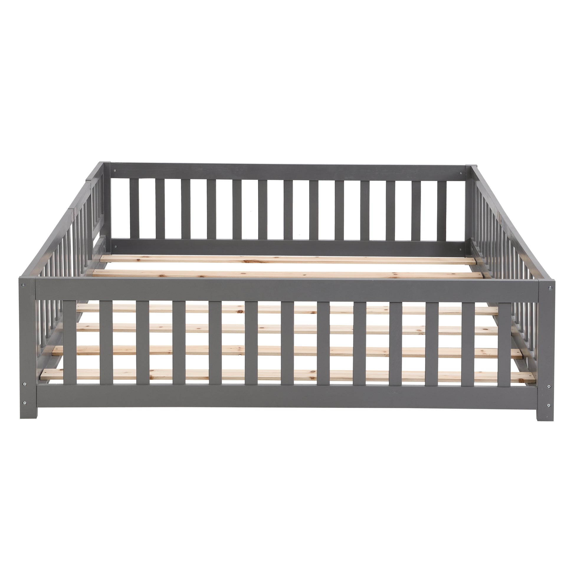 Twin Size Floor Bed With Door,Solid Wood Platform Bed Frame With Fence,Suitable For Children,Pine Wood,Gray Twin Gray Wood