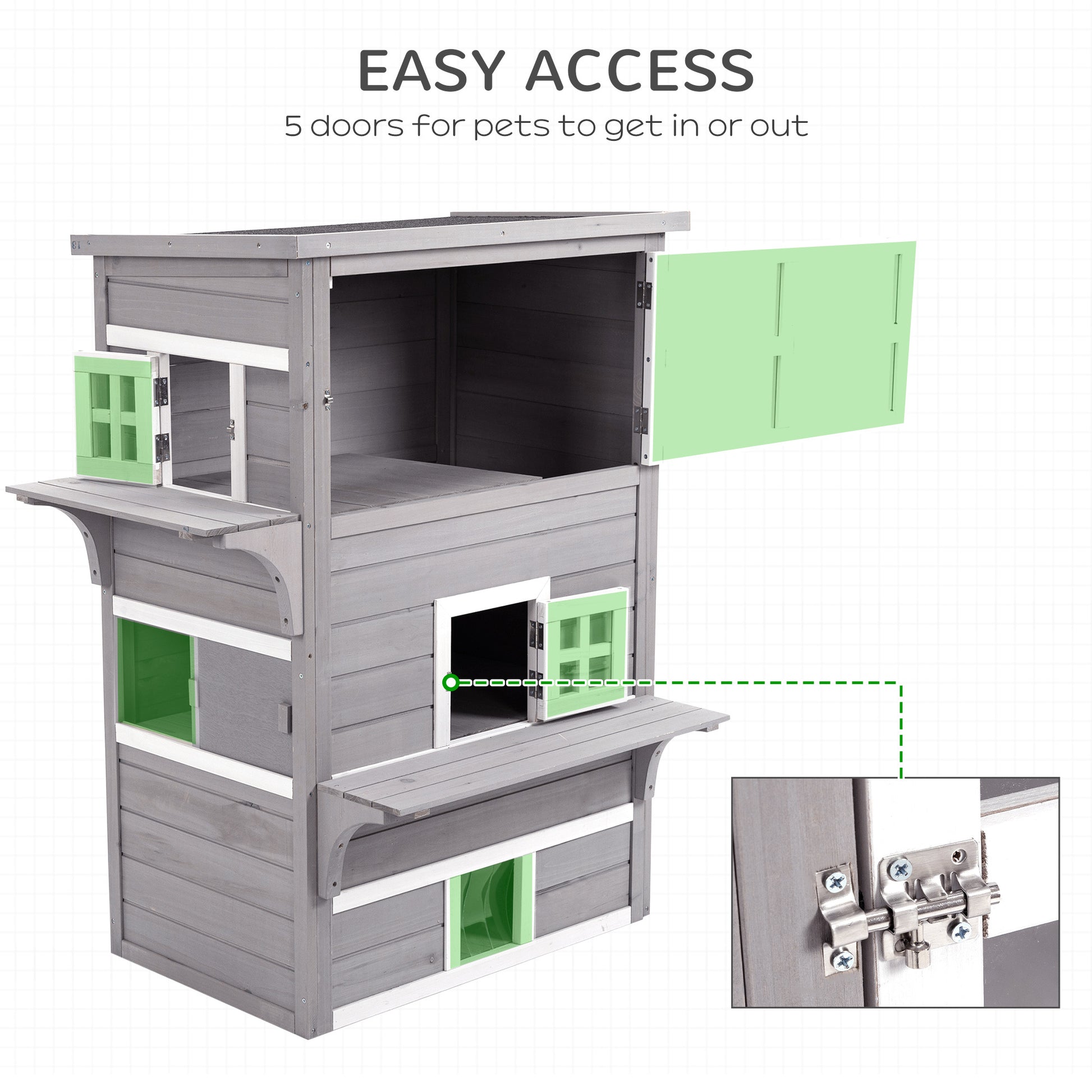 Pawhut 3 Story Cat House Feral Cat Shelter, Outdoor Kitten Condo With Raised Floor, Asphalt Roof, Escape Doors, Jumping Platforms, Grey Grey Wood