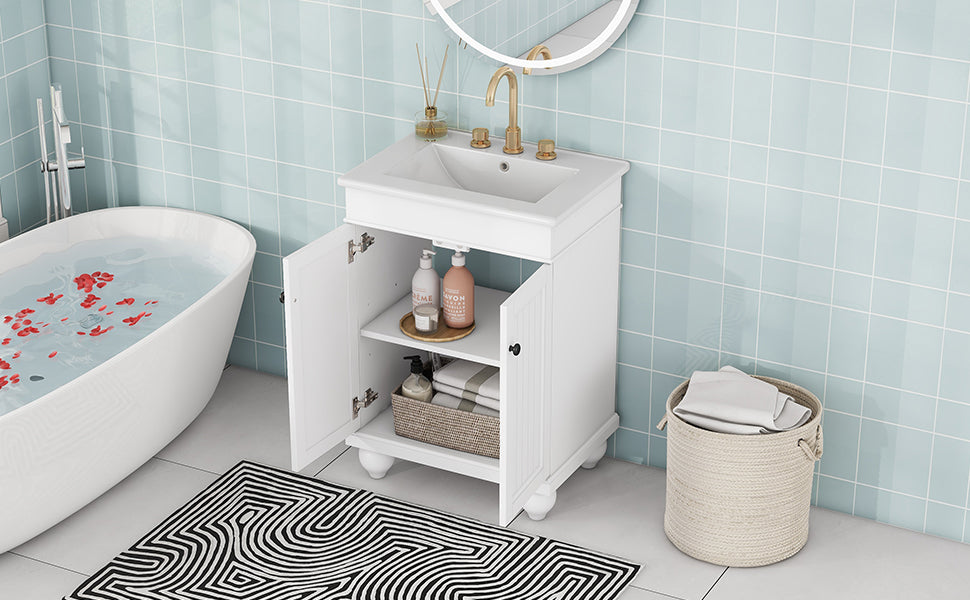 24" White Modern Sleek Bathroom Vanity Elegant Ceramic Sink With Solid Wood Frame, Adjustable Shelf White Solid Wood Mdf