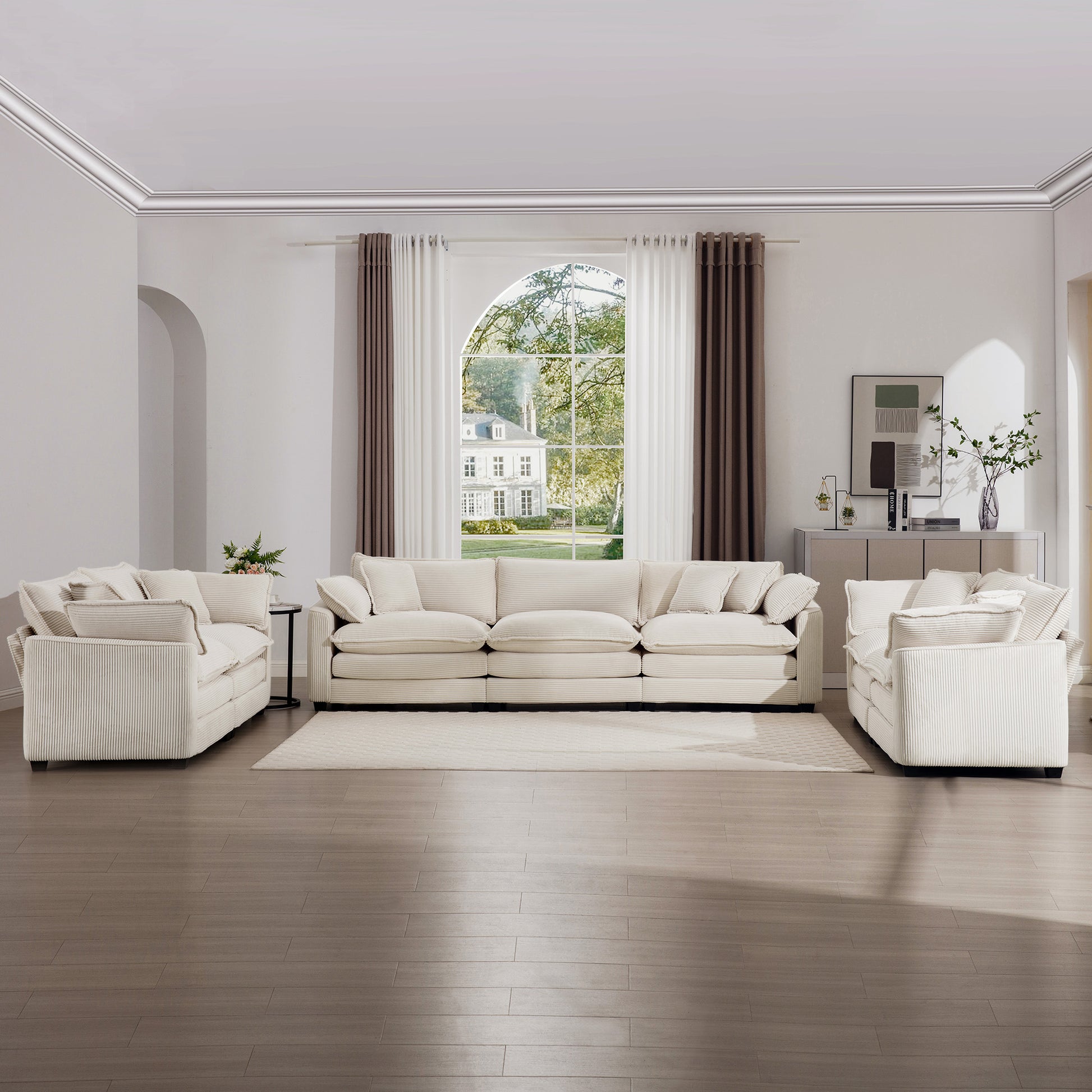 Modern Fabric Living Room Sofa 2 Piece Set, Two 2 Seater Sofa And One 3 Seater Sofa, Upholstery Large Deep Seat Set Of 3 Sofas With Comfortable Cushions And Pillows, Light Beige Corduroy Fabric Beige Corduroy 7 Seat