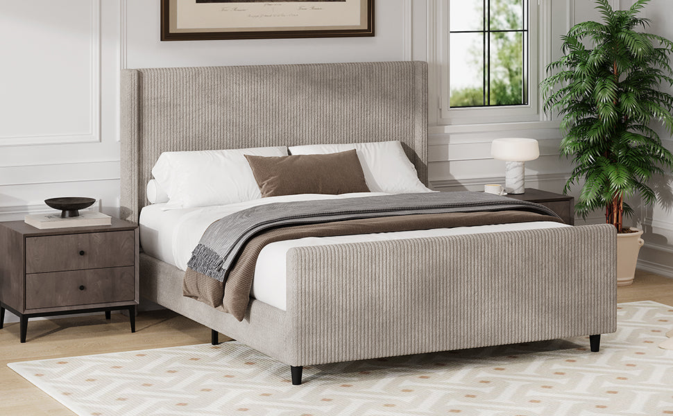 50.7'' High Headboard Corduroy Upholstered Bed Frame With Vertical Stripe Wingback And High Footboard No Box Spring Needed, Queen Size, Taupe Box Spring Not Required Queen Taupe Wood Bedroom Modern Bed Frame Wood