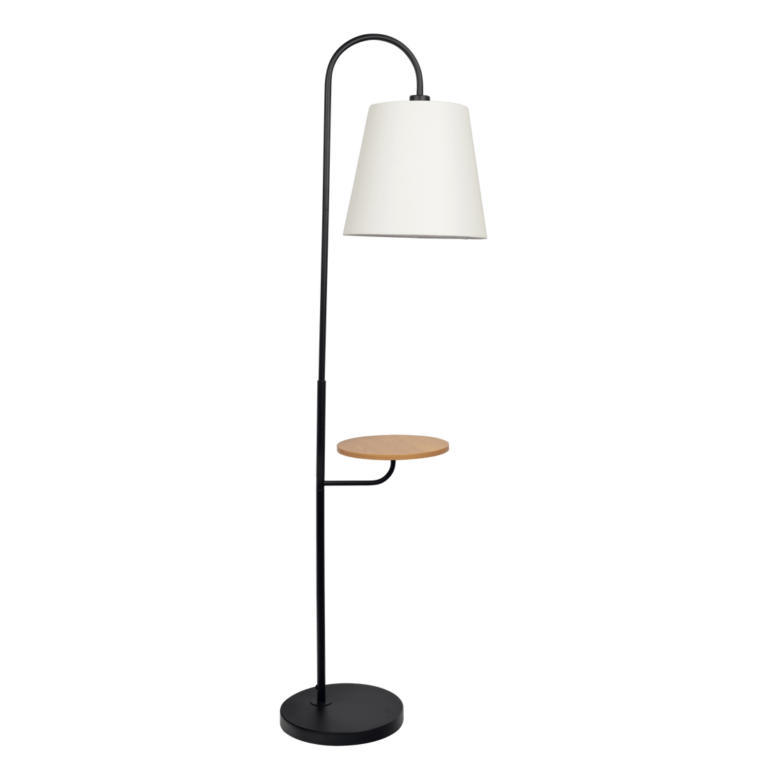 Seoul Black Floor Lamp With Rotary Switch Wood Table Metal Base Black,White,Wood Linen,Metal,Wood