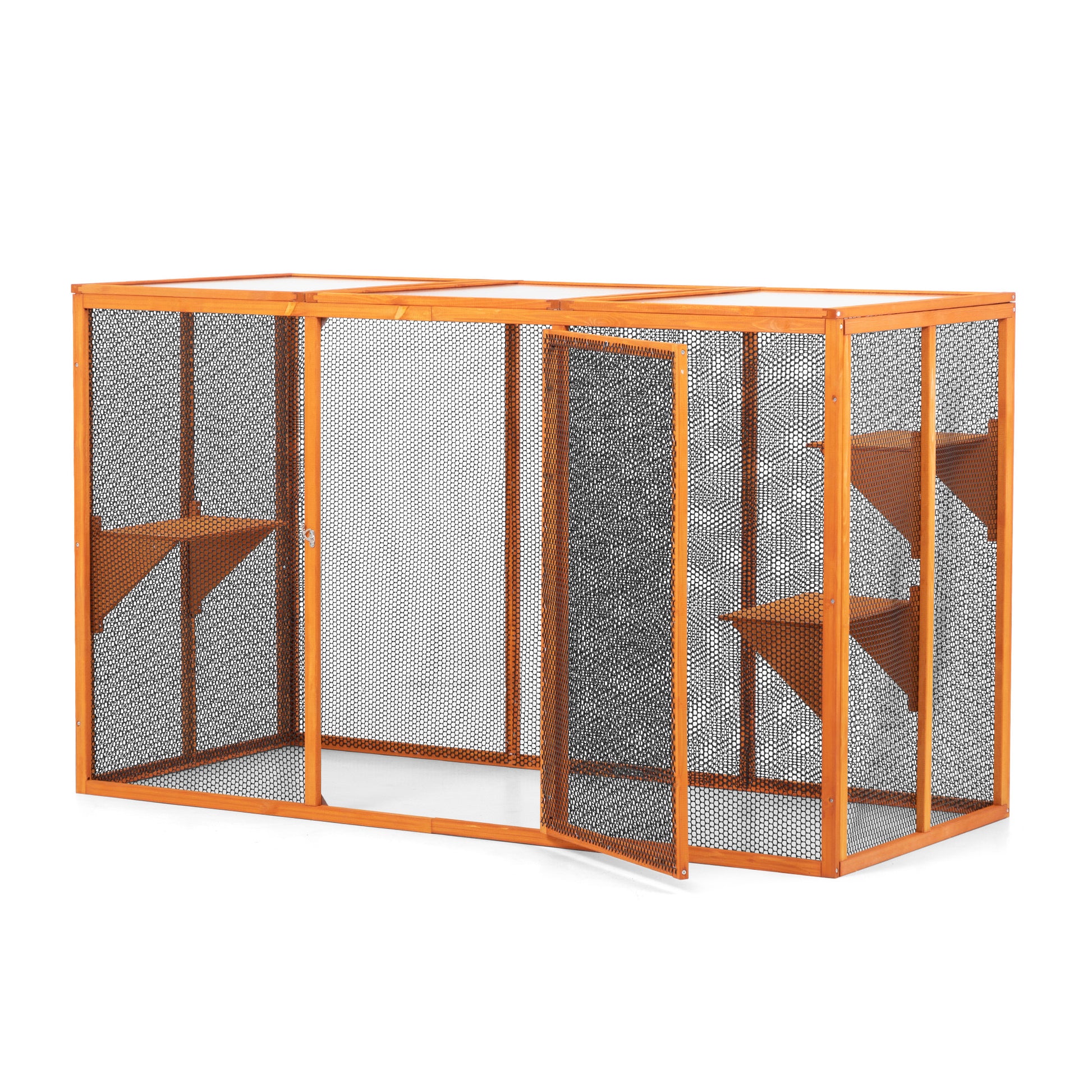 Detachable Cat Enclosure With Waterproof Roof And 3 Jumping Platforms, Orange Orange Wood