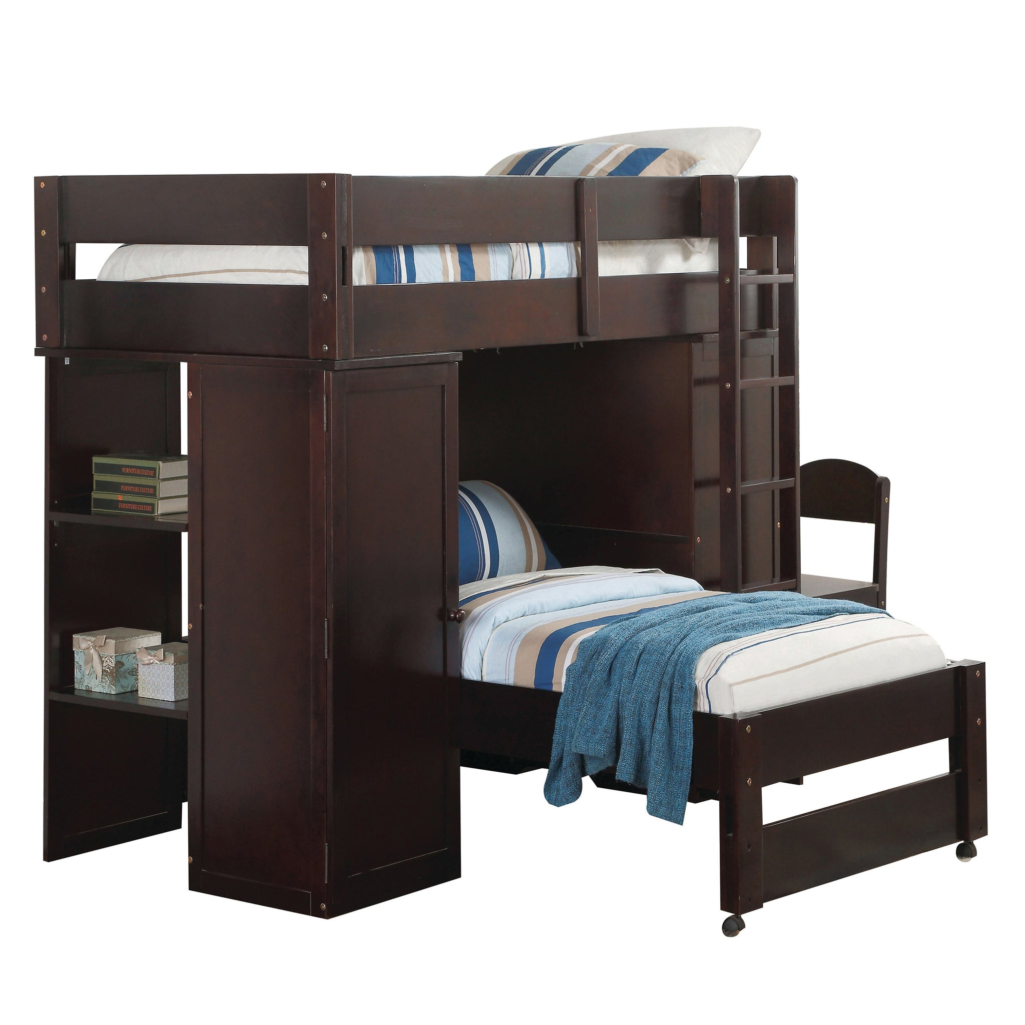 Wenge Twin Over Twin Loft Bed With Built In Desk, Wardrobe And Chair Wenge Bedroom Wood