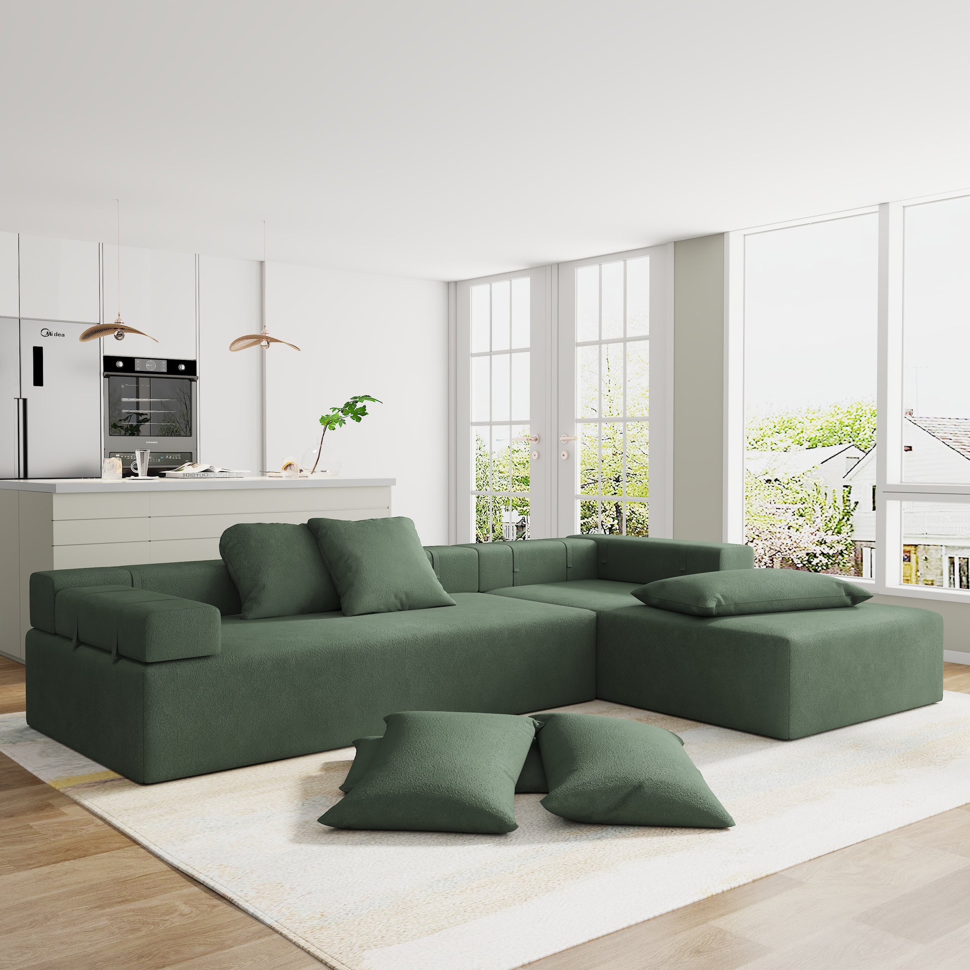 Modern Upholstered Sectional Sofa Couch Set,Modular 108" L Shaped Sectional Living Room Sofa Set With 6 Pillows,Free Combination Sofa Couch For Living Room,Bedroom Green Foam Chenille 3 Seat