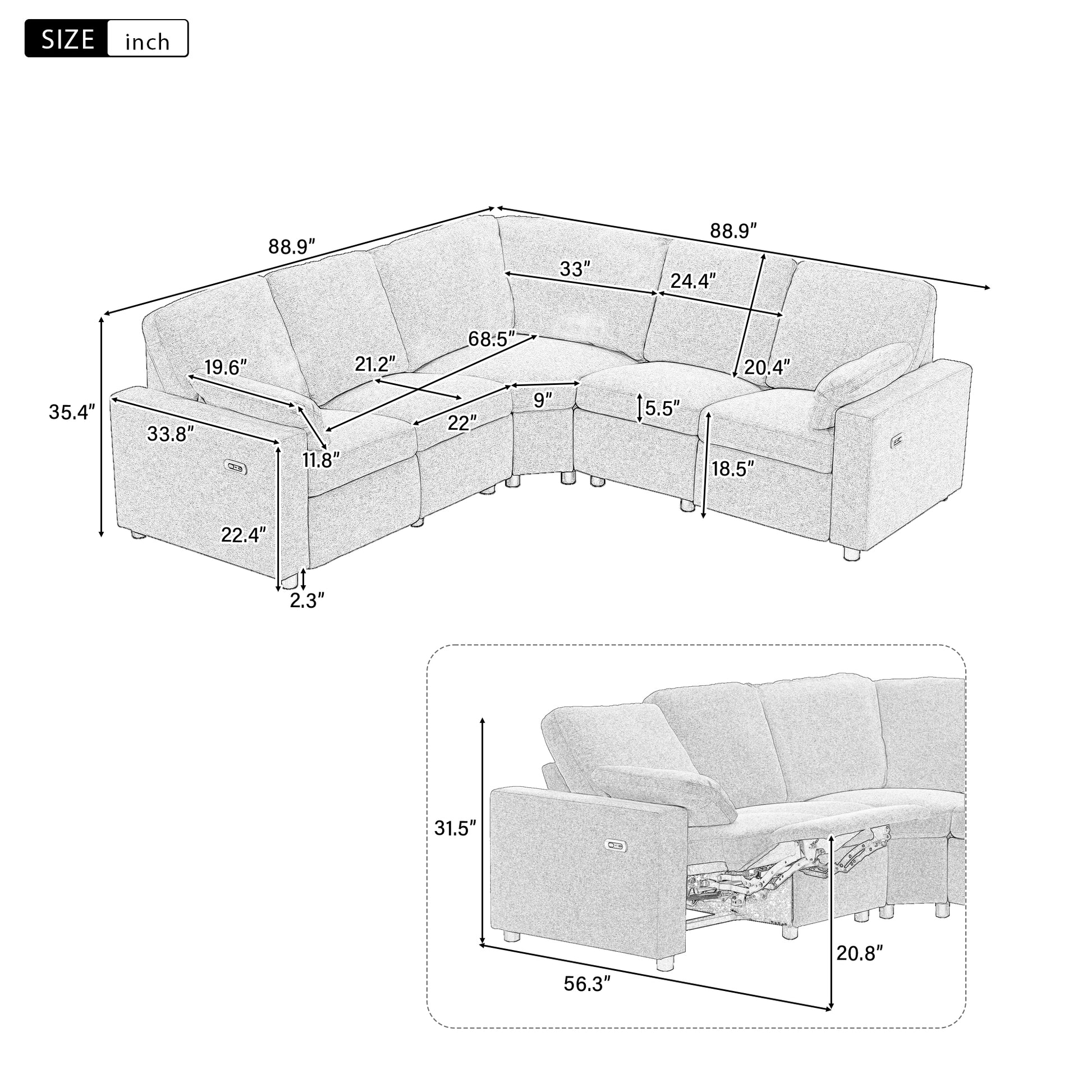 89" Power Recliner Sectional Sofa Home Theater Reclining Sofa With Two Usb Ports, Two Storage Drawers For Living Room, Beige Beige Foam Linen 5 Seat