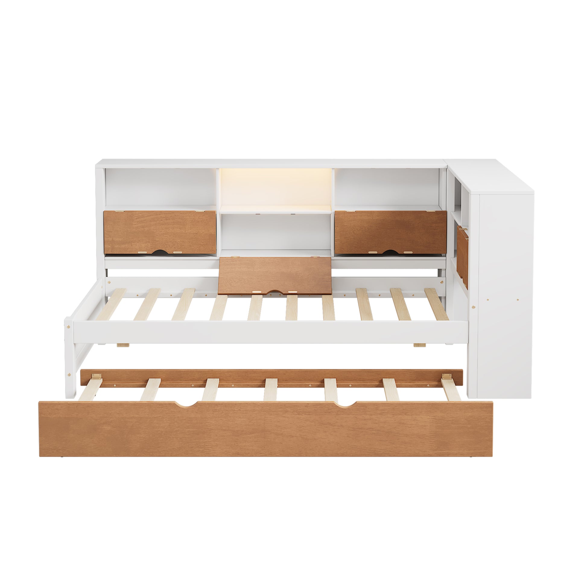 L Shaped Bed Frame With Trundle And And Bookcase,Corner Bed Wooden Captain Bed With Led Downlight And Usb Port For Small Room,Bedroom, Guest Room, Twin Size, Walnut And White Box Spring Not Required Twin White Walnut Wood Bedroom Modern Pine Bed Frame