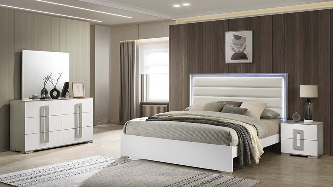 Olivia Contemporary Style 4 Pc Queen Bedroom Set With Led Headboard Made With Wood In White Box Spring Required Queen White Wood 4 Piece Set Bedroom Bed Included,Dresser Included,Mirror