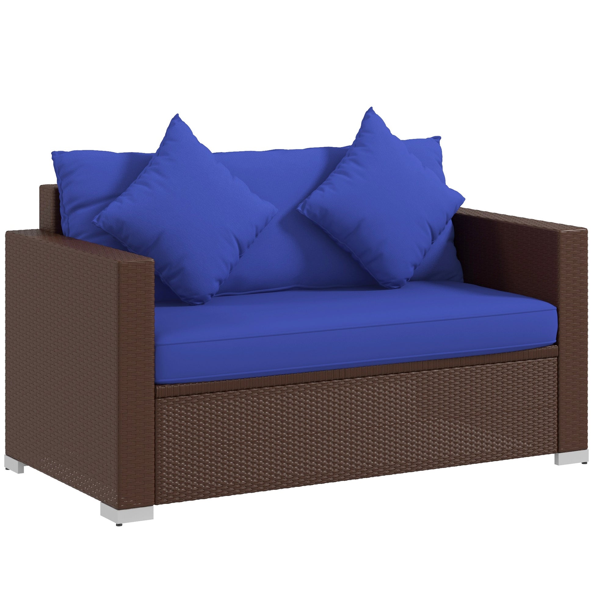Outsunny Patio Wicker Loveseat With Cushions, 2 Seat Outdoor Pe Rattan Couch Sofa With Throw Pillows, For Porch, Backyard, Garden, Poolside, Blue Dark Blue Rattan Metal