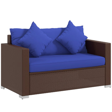 Outsunny Patio Wicker Loveseat With Cushions, 2 Seat Outdoor Pe Rattan Couch Sofa With Throw Pillows, For Porch, Backyard, Garden, Poolside, Blue Dark Blue Rattan Metal