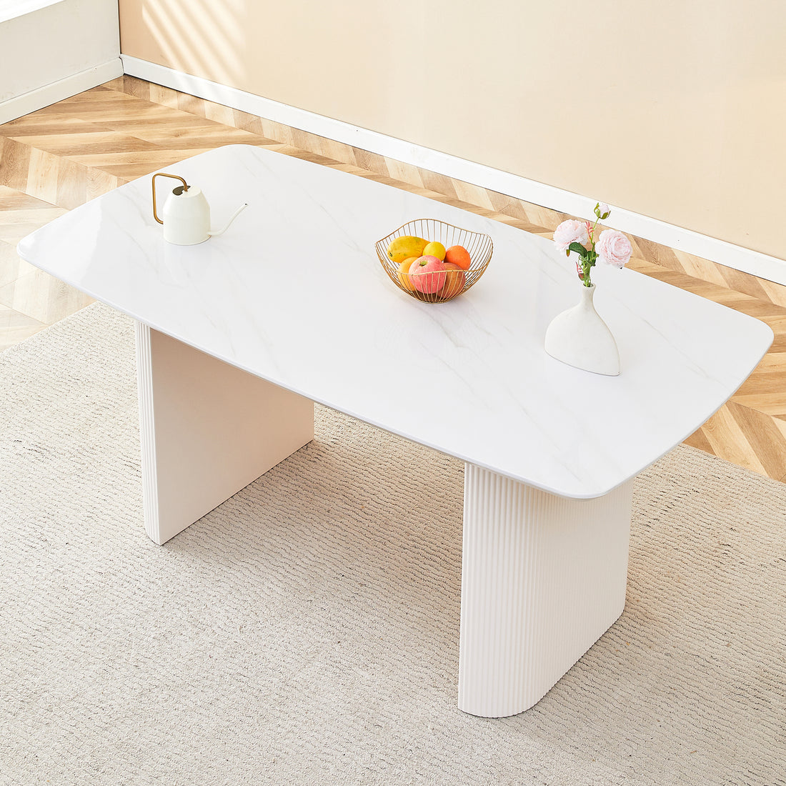 Cream Style Mdf White Dining Table.It Is A Furniture With A Warm And Soft Appearance, Suitable For Creating A Comfortable And Friendly Dining Environment, Suitable For Kitchens, Dining Rooms,Etc. White Mdf