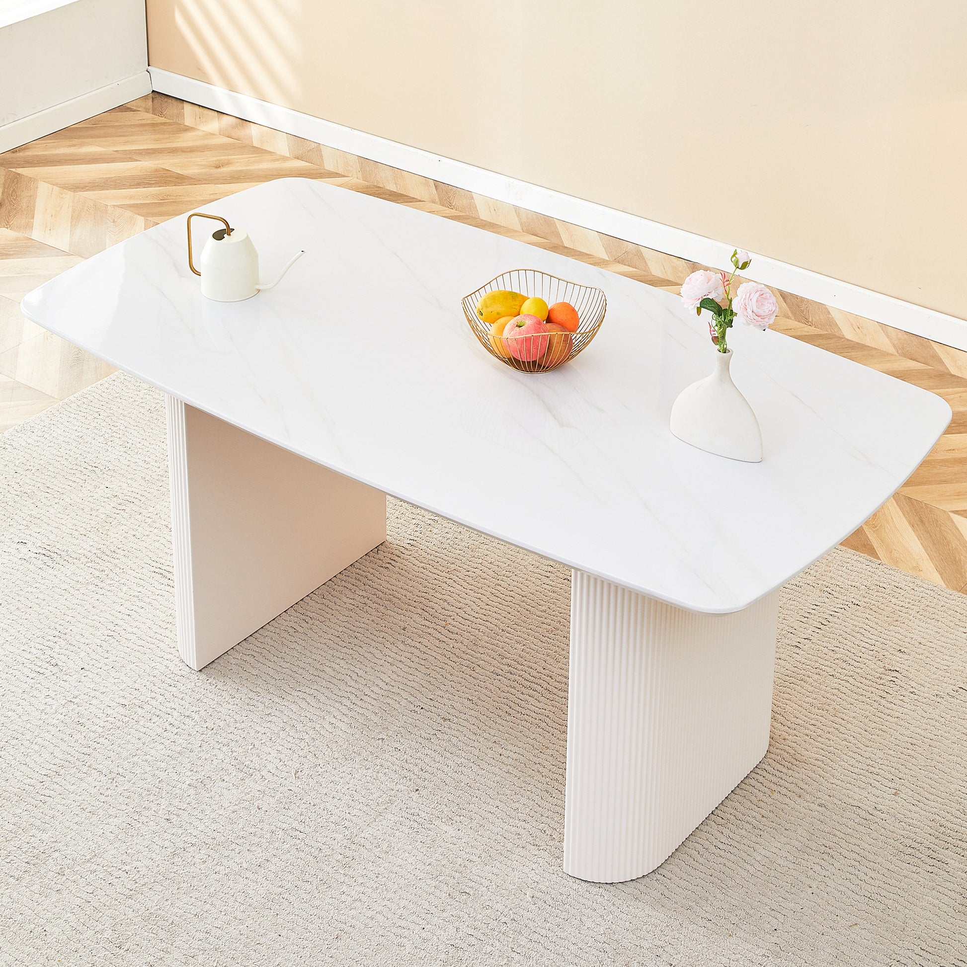 Cream Style Mdf White Dining Table.It Is A Furniture With A Warm And Soft Appearance, Suitable For Creating A Comfortable And Friendly Dining Environment, Suitable For Kitchens, Dining Rooms,Etc. White Mdf