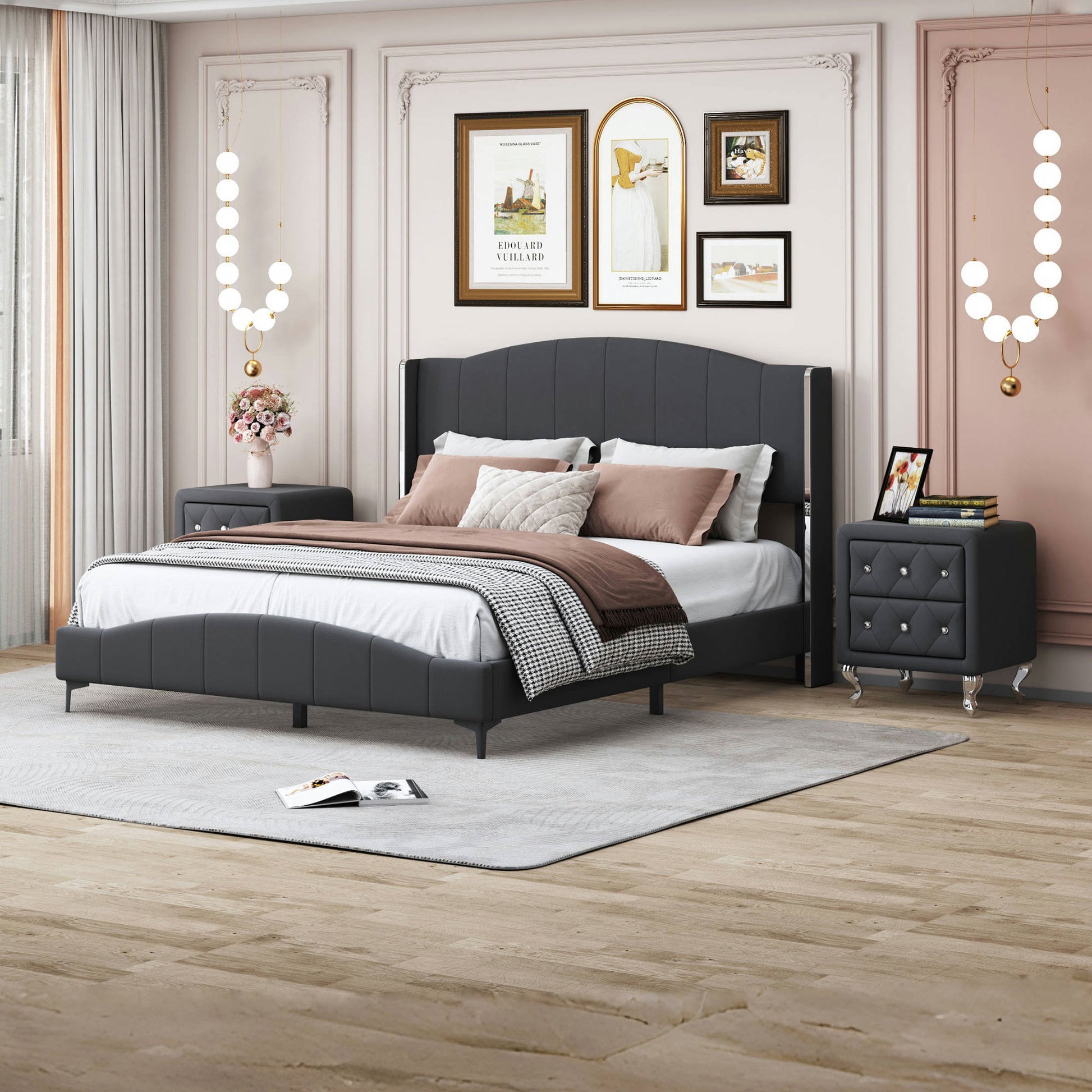 3 Pieces Bedroom Set With Queen Size Pu Leather Upholstered Platform Bed And Elegant Pu Nightstand With 2 Drawersblack Box Spring Not Required Queen Black 3 Piece Set Pu