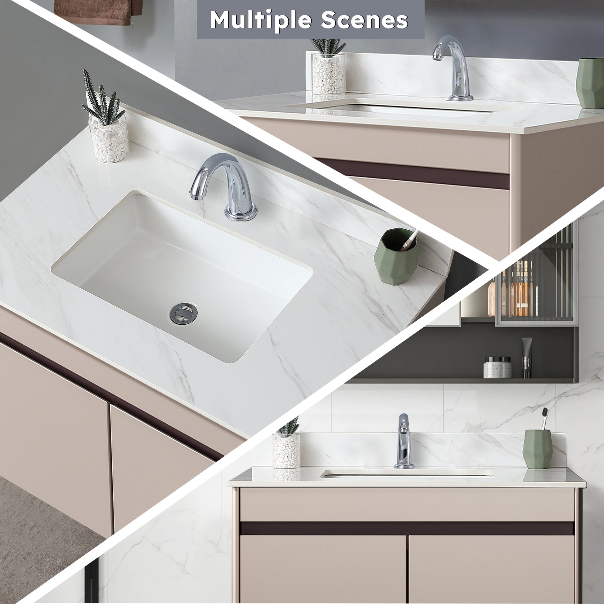 37 Inch Marble Vanity Top, White Vanity Top With Pre Drilled Faucet Holes, Bathroom Vanity Top With Undermount Rectangular Middle Sink And 4" Height Backsplash, Bianco Carrara Venato White Bathroom Sintered Stone