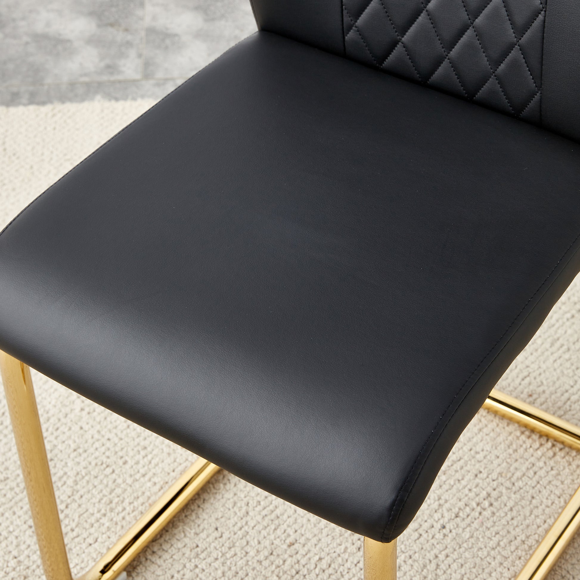 Table And Chair Set.Large Modern Rectangular Table With 0.4 Inch Patterned Glass Tabletop And Large Mdf Table Legs.Comes With 6 Chairs With Faux Leather Cushioned Seats And Golden Metal Legs. Gold White Seats 6 Mdf Glass
