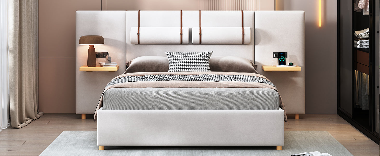 Queen Size Upholstered Platform Bed, Two Outlets And Usb Charging Ports On Both Sides, Two Bedside Pillows, Storage Shelves,Velvet, Beige Queen Beige Mdf Lvl