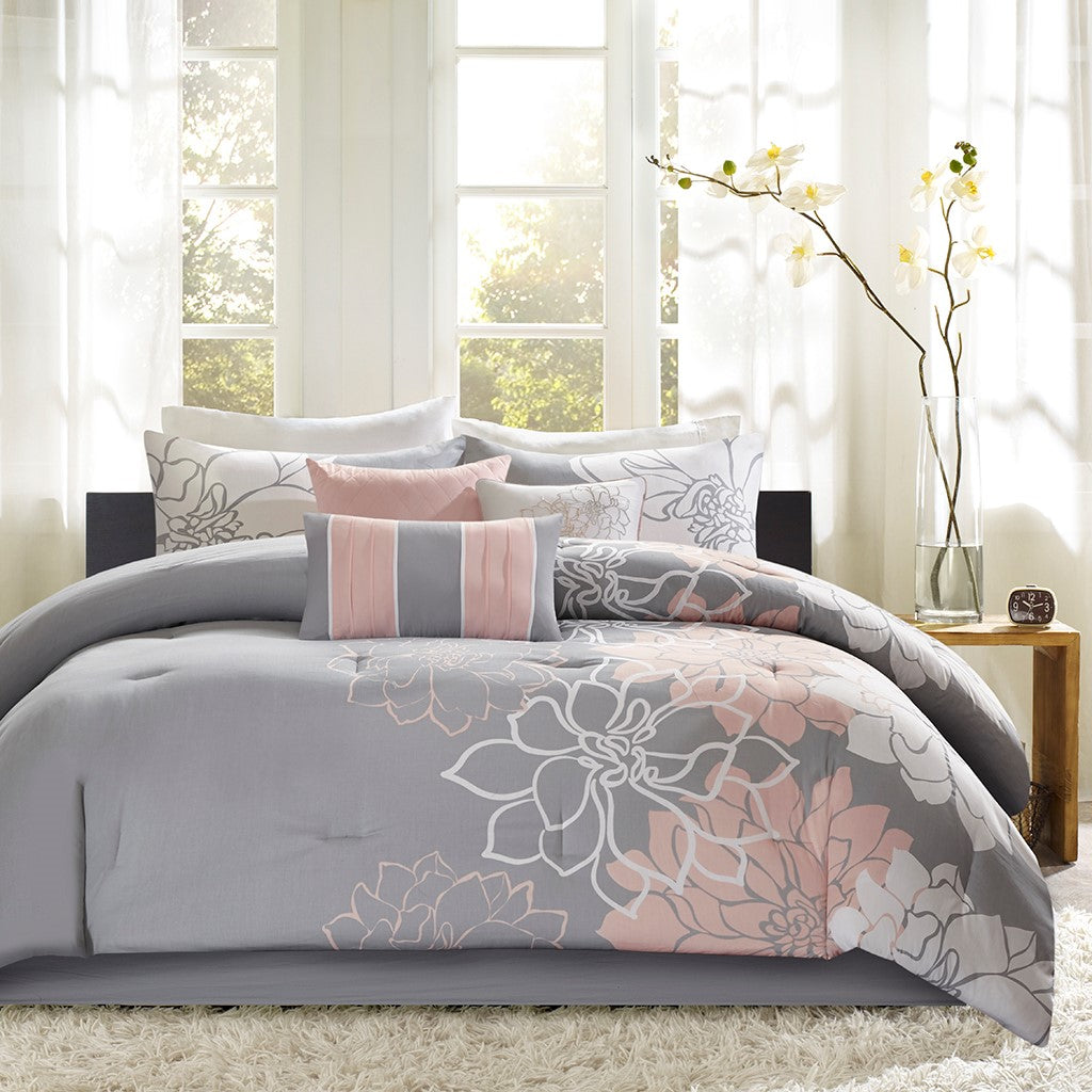 Printed Cotton Sateen Comforter Set Grey Peach King King Grey Peach Polyester