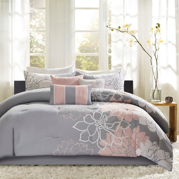Printed Cotton Sateen Comforter Set Grey Peach King King Grey Peach Polyester