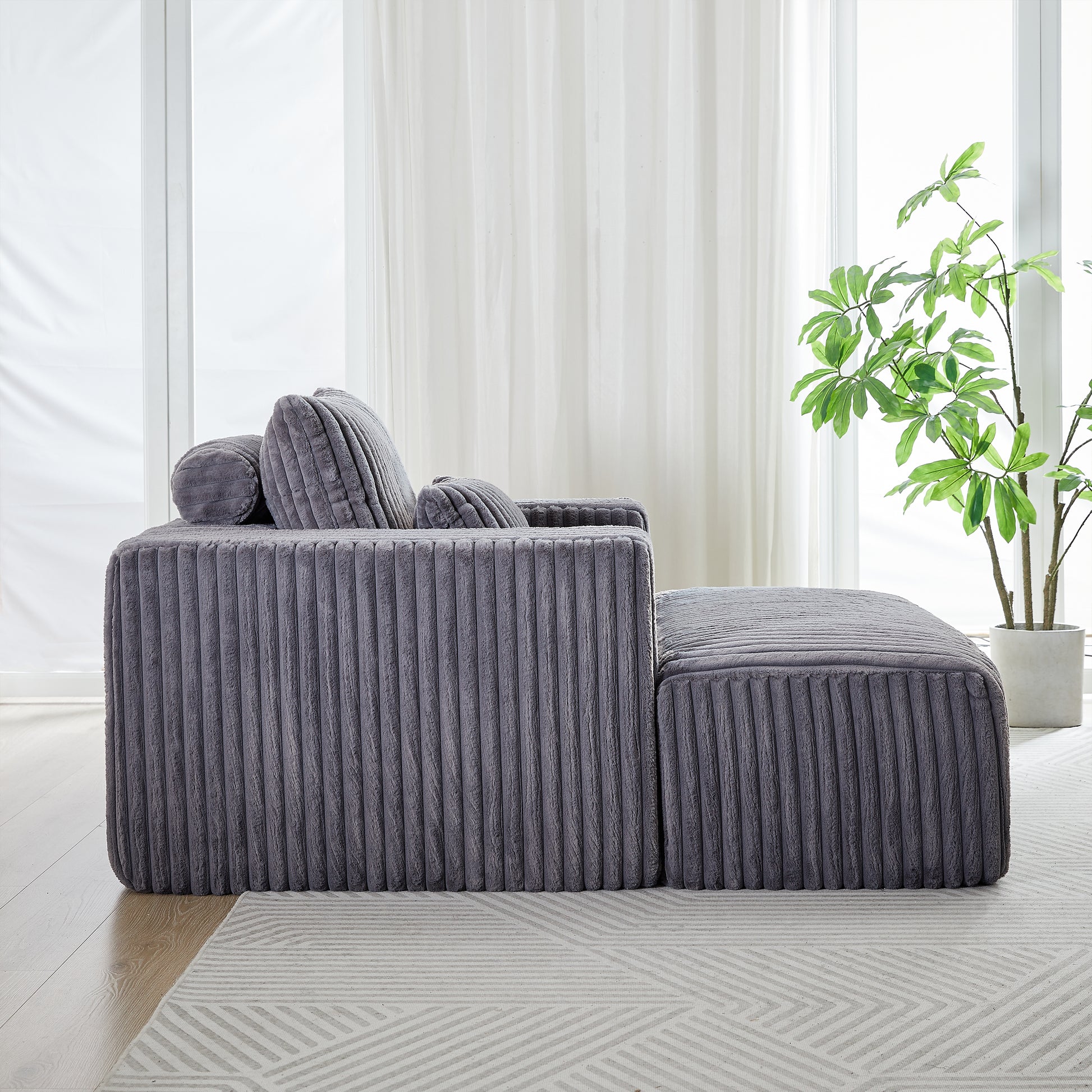 62.5 Inch Corduroy Sponge Sofa Lounge Chair With Removable Footrest,No Assembly Required,Fluffy Modern Sleeper Chair For Indoor Living Room Bedroom Grey Foam Corduroy 1 Seat
