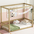 Twin Size Canopy Frame Floor Bed With Fence, Guardrails,Natural Twin Natural American Design Pine