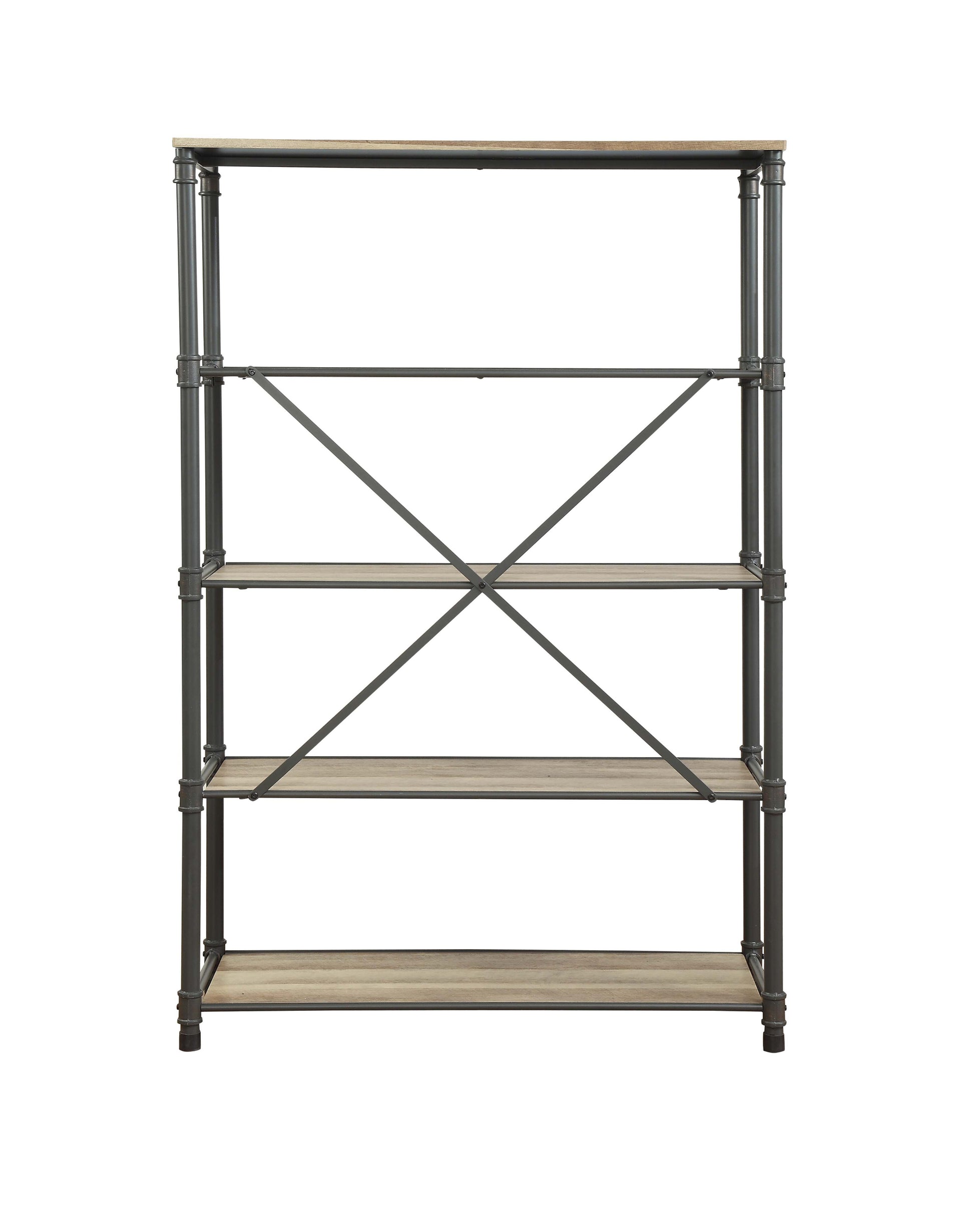 Antique Oak And Sandy Grey 5 Shelf Bookshelf 5 Oak Etagere Horizontal Primary Living Space Open Back Wood Oak Adjustable Shelves Mdf Metal