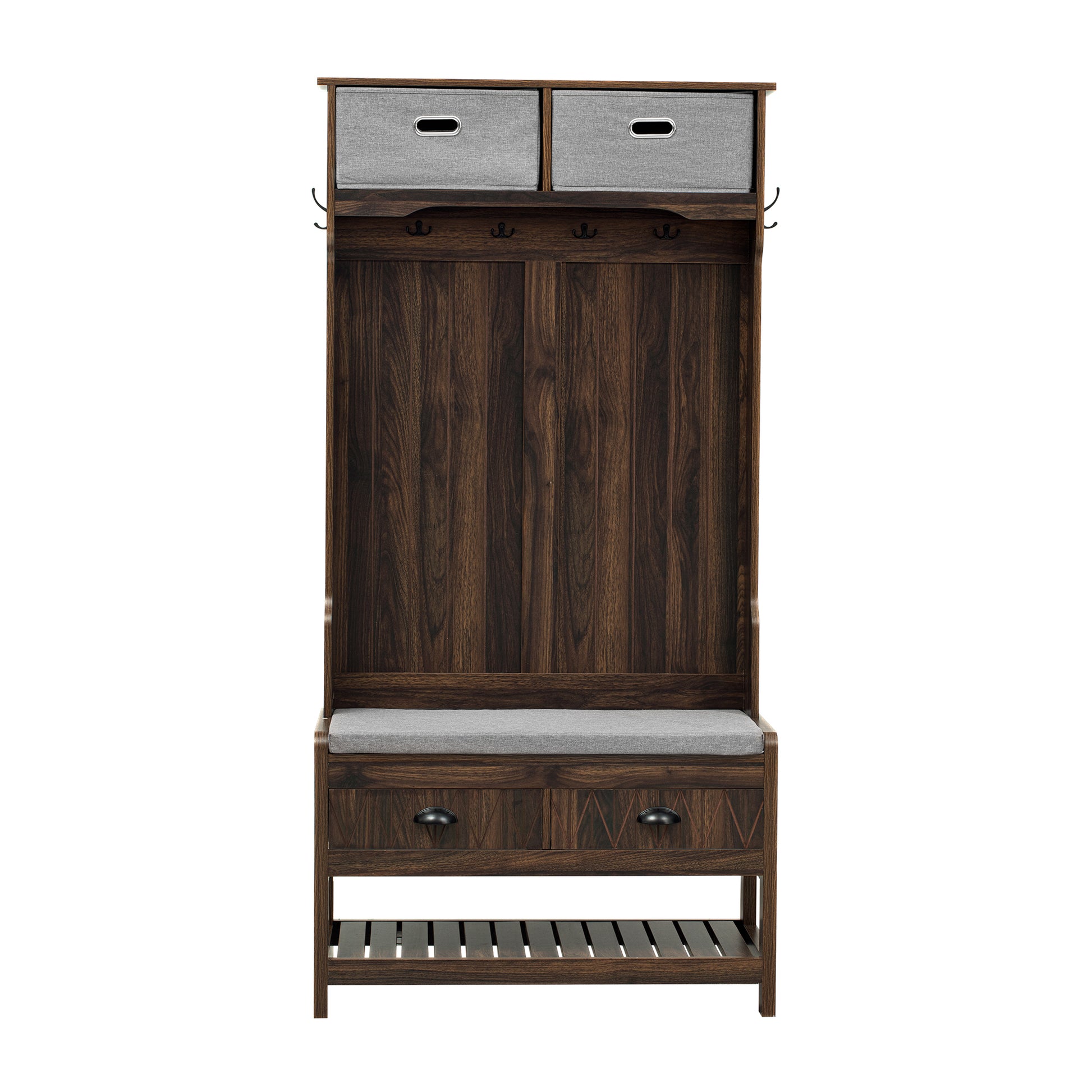 Hall Tree With 6 Hooks And Hinged Lid, Coat Hanger, Entryway Bench, Storage Bench, 3 In 1 Design, 69Inch, For Entrance, Hallway Brown Mdf