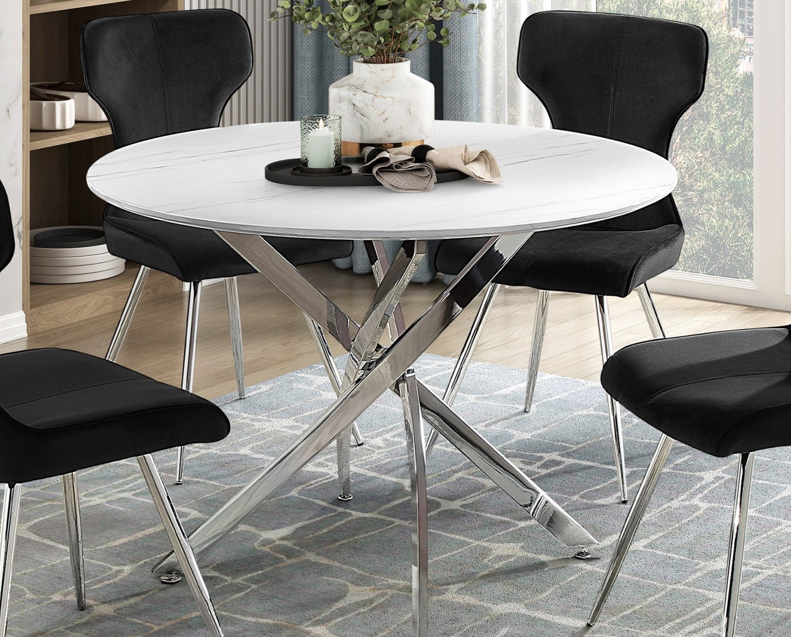 Ultra Modern Dining Furniture 1Pc Round Faux Marble Top Dining Table Chrome Finish Metal Legs Chrome Seats 4 Dining Room Ultra Modern Kitchen & Dining Tables Round Faux Marble,Metal