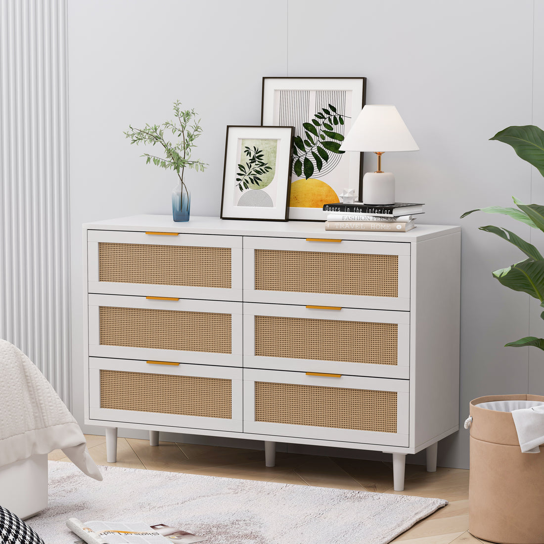 43.31"6 Drawers Rattan Storage Cabinet Rattan Drawer,For Bedroom,Living Room,White White Particle Board