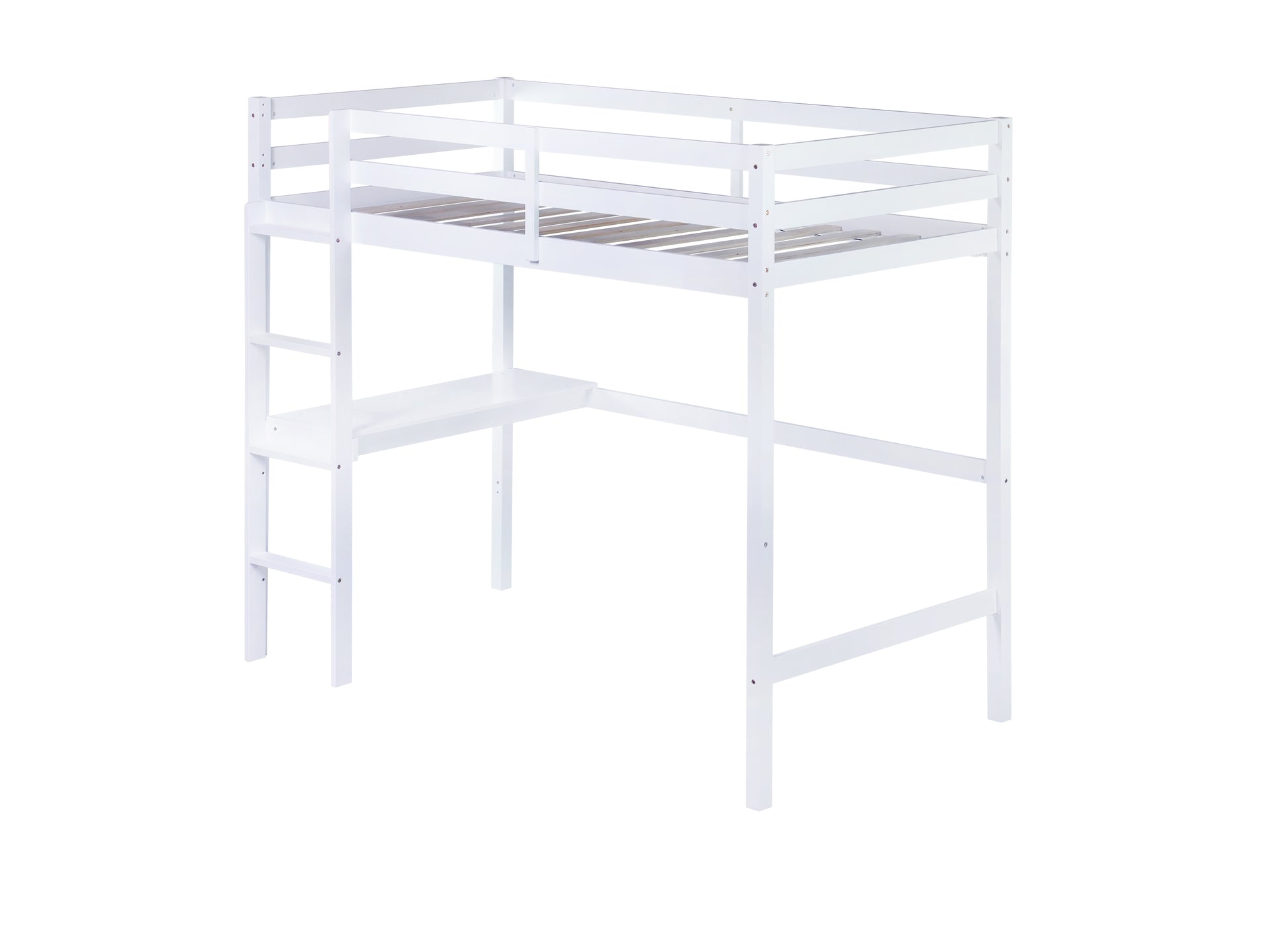 Twin High Loft Bed, Rubber Wood Loft Bed With Safety Guardrail, Built In Desk, Ladder,White Twin White Rubber Wood