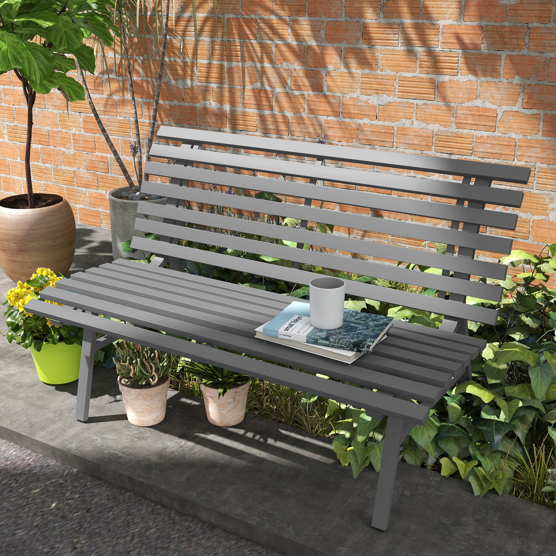 Outsunny 48.5" Garden Bench, Outdoor Patio Bench, Lightweight Aluminum Park Bench With Slatted Seat For Lawn, Park, Deck, Gray Grey Aluminum