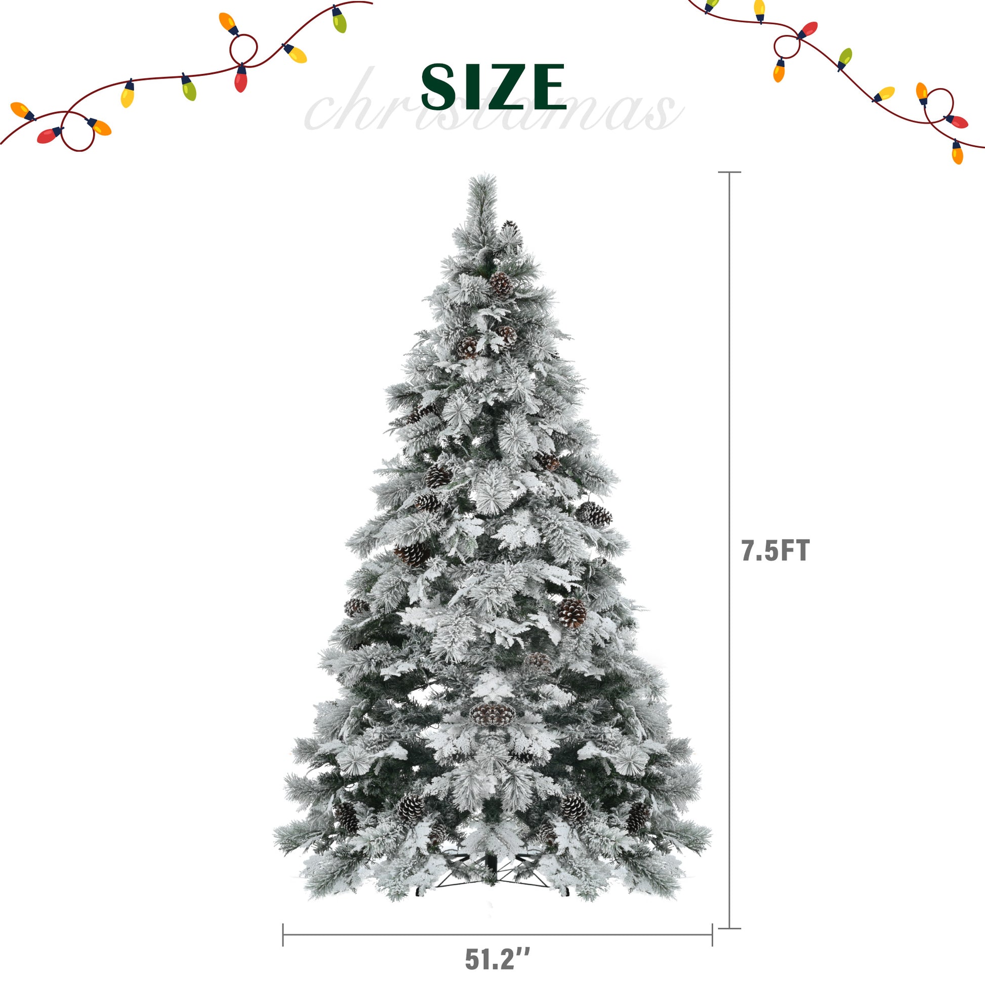 7.5Ft Pre Lit Spruce Snow Flocked Christmas Tree With Pine Cones, Artificial Xmas Tree With 745 Branch Tips,Mixed Pe & Pvc Branches, 450 Multi Color Led Lights, 11 Flashing Modes, Holiday Decor White Green Polyethylene,Pvc